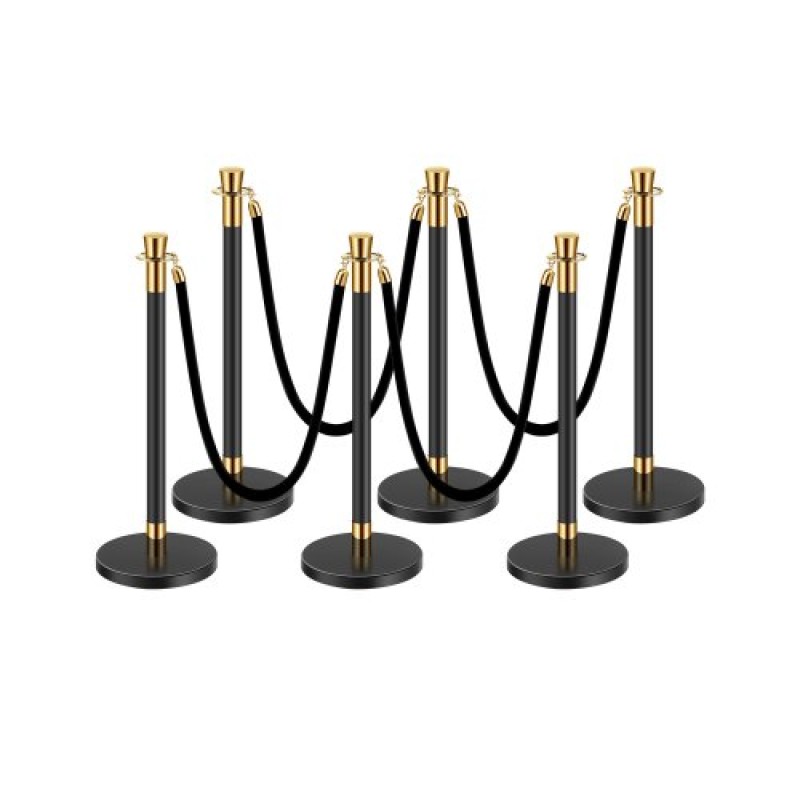 VEVOR Stanchion Post, 6 τεμ. Crowd Control Barrier με 4 μαύρα βελούδινα σχοινιά, 5 πόδια από ανοξείδωτο ατσάλι Stanchion Post Queue με Sand Injection Hollow Base για Θέατρο, Πάρτι, Γάμο, Έκθεση, Μαύρο