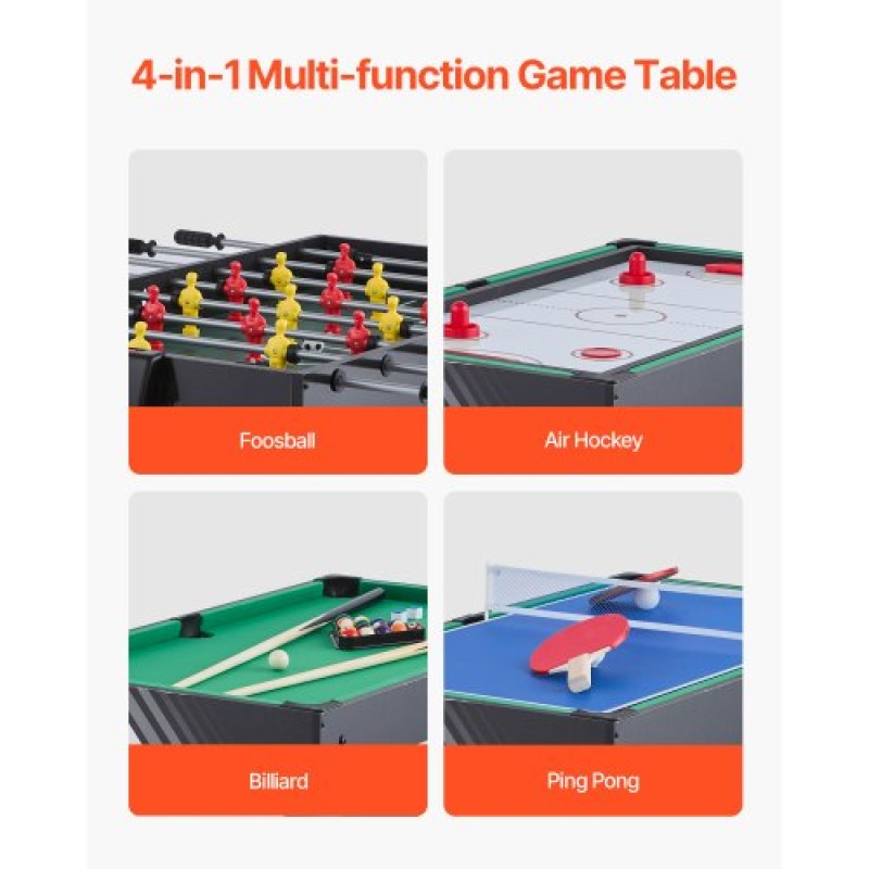VEVOR 4-σε-1 Combo Σετ τραπεζιού παιχνιδιών, Τραπέζι Air Hockey 48", Τραπέζι πολλαπλών συνδυασμών με Air Hockey, Μπιλιάρδο μπιλιάρδου, ποδοσφαιράκι, Ping Pong, Pushers & Pucks, Sports Arcade Τραπέζι για Οικογενειακό Δωμάτιο Παιχνιδιού Γραφείο