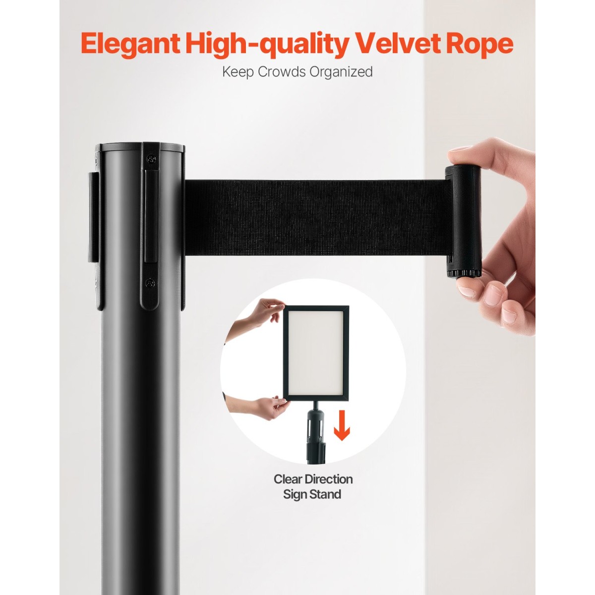 VEVOR Stanchion Post, 8 τεμ. Crowd Control Barrier με 8 ανασυρόμενες ζώνες & 2 βάσεις για πινακίδες, Carbon Steel Stanchion Post Queue με Sand Injection Hollow Base για θέατρο, πάρτι, γάμους, έκθεση