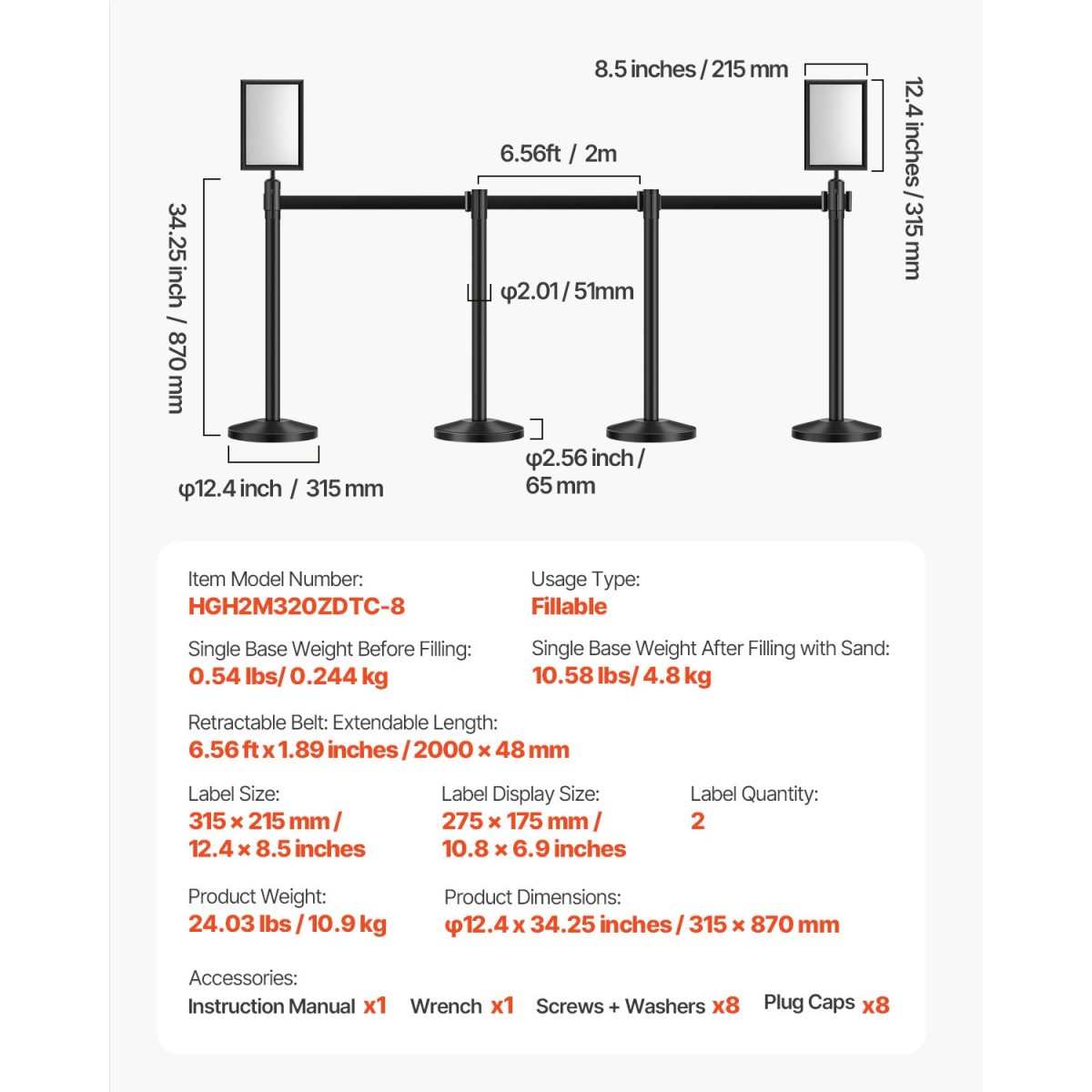 VEVOR Stanchion Post, 8 τεμ. Crowd Control Barrier με 8 ανασυρόμενες ζώνες & 2 βάσεις για πινακίδες, Carbon Steel Stanchion Post Queue με Sand Injection Hollow Base για θέατρο, πάρτι, γάμους, έκθεση