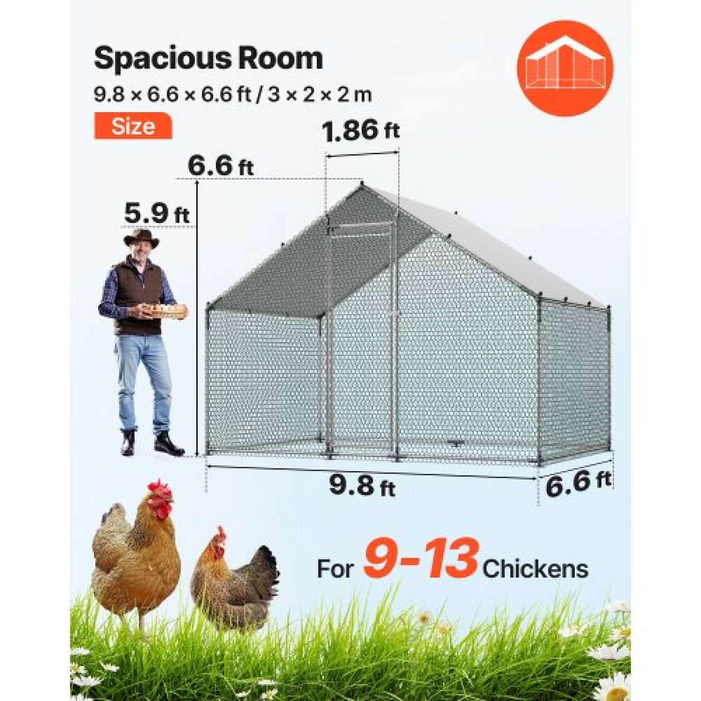 VEVOR Metal Chicken Coop, 9.8x6.5x6.5ft Large Walk-in Chicken Runs with Cover, Spire Roof Hen House Enclosure with Security Lock, Outdoor Duck Rabbit Cage Poultry Pen for Backyard, Farm, Yard