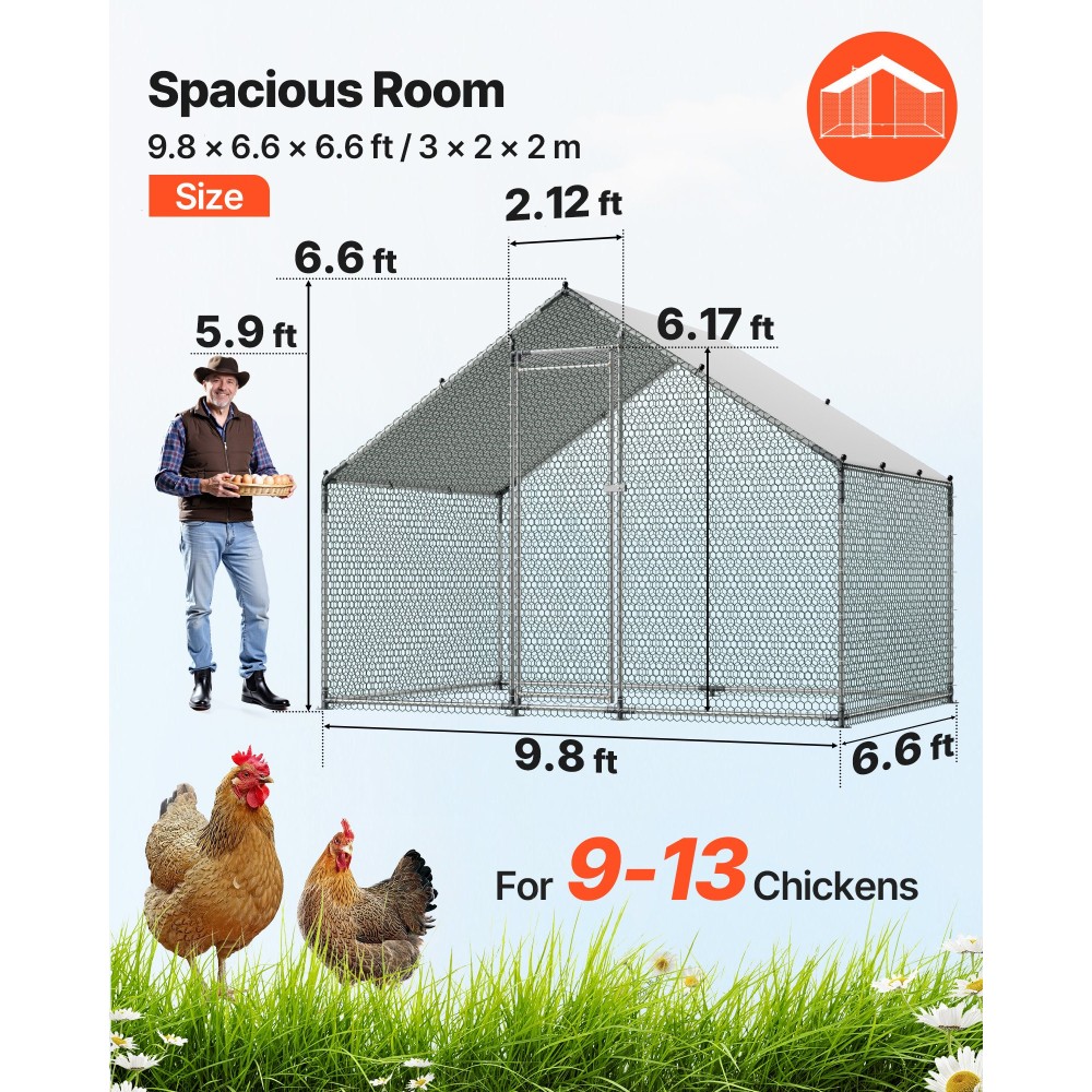 VEVOR Large Metal Chicken Coop, 3 x 2 x 2 m, Walk-in Chicken Run με αδιάβροχο κάλυμμα, Spire Roof Hen House περίφραξη με κλειδαριά, Outdoor Duck Rabbit Cage Στυλό πουλερικών για πίσω αυλή, φάρμα, χρήση στην αυλή