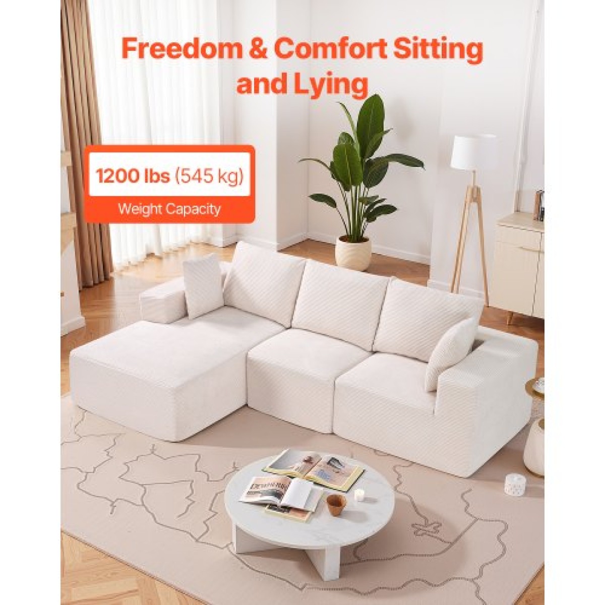 VEVOR Modular Sectional Καναπές, Σχήμα L Modular Καναπές με ξαπλώστρα, Cloud Sectional Καναπές με High Rebound Sponge and Density, Επενδυμένος κοτλέ καναπές με μαξιλάρι για σαλόνι, διαμέρισμα, μπεζ