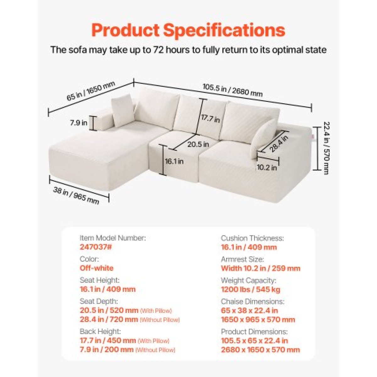 VEVOR Modular Sectional Καναπές, Σχήμα L Modular Καναπές με ξαπλώστρα, Cloud Sectional Καναπές με High Rebound Sponge and Density, Επενδυμένος κοτλέ καναπές με μαξιλάρι για σαλόνι, διαμέρισμα, μπεζ