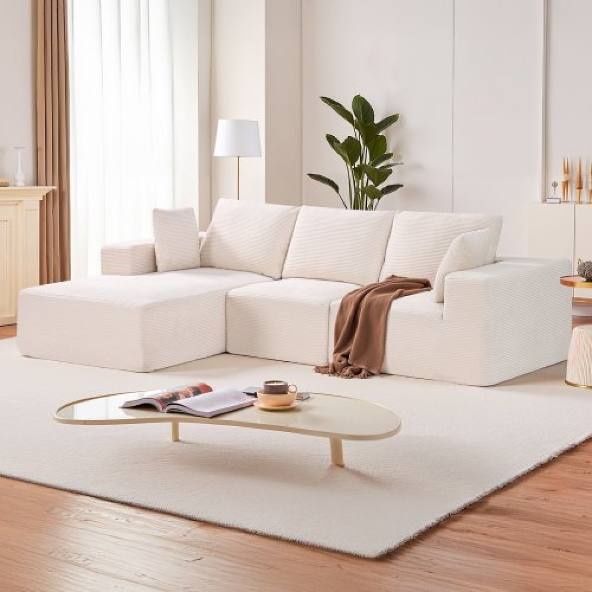 VEVOR Modular Sectional Καναπές, Σχήμα L Modular Καναπές με ξαπλώστρα, Cloud Sectional Καναπές με High Rebound Sponge and Density, Επενδυμένος κοτλέ καναπές με μαξιλάρι για σαλόνι, διαμέρισμα, μπεζ