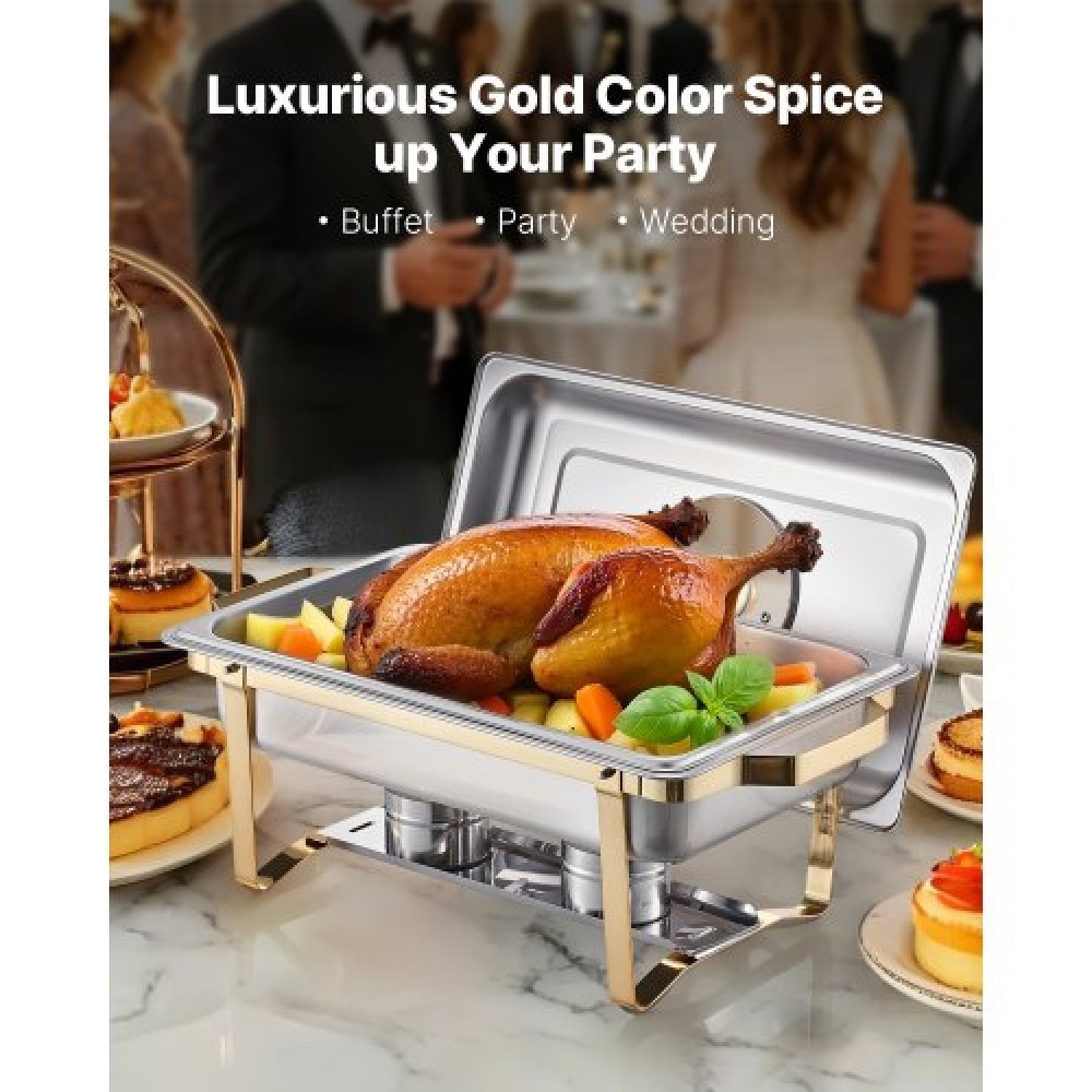 VEVOR Chafing Dish Dish Buffet Set, 8 Qt 4 Pack, Chafer από ανοξείδωτο ατσάλι με 4 τηγάνια πλήρους μεγέθους, Ορθογώνιος διακομιστής Catering Warmer με γυάλινο καπάκι Πτυσσόμενη βάση καυσίμου, για δείπνο γάμου