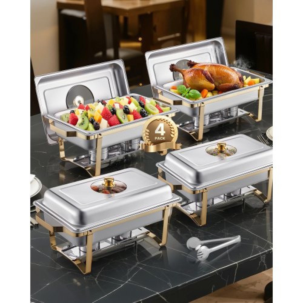 VEVOR Chafing Dish Dish Buffet Set, 8 Qt 4 Pack, Chafer από ανοξείδωτο ατσάλι με 4 τηγάνια πλήρους μεγέθους, Ορθογώνιος διακομιστής Catering Warmer με γυάλινο καπάκι Πτυσσόμενη βάση καυσίμου, για δείπνο γάμου