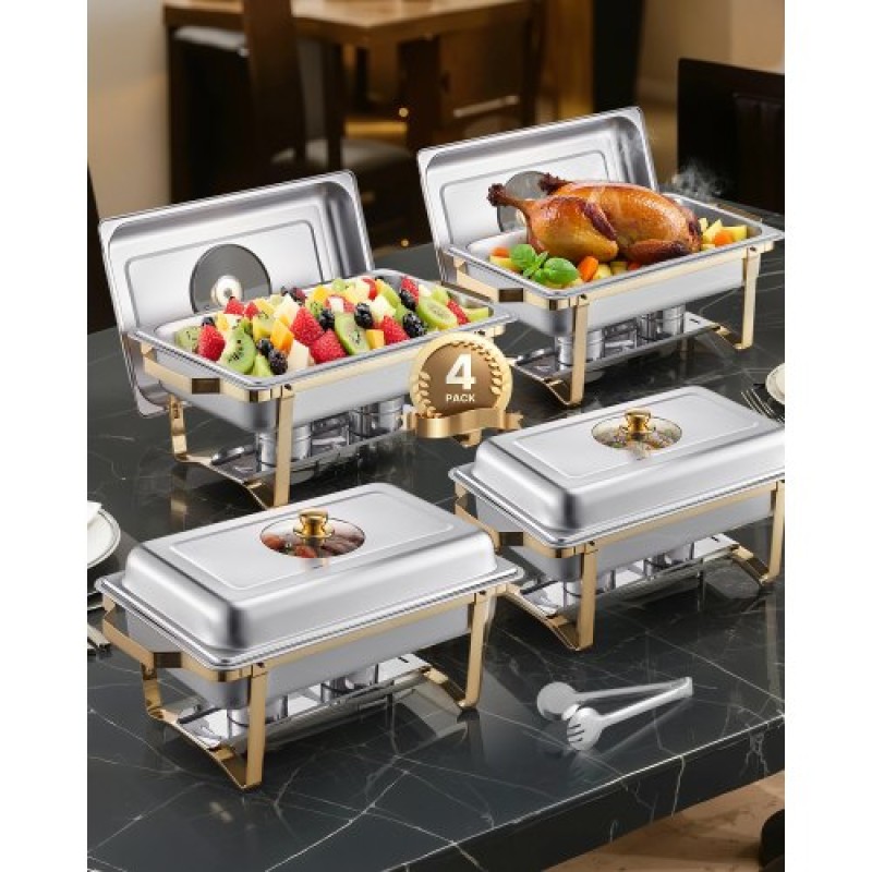 VEVOR Chafing Dish Dish Buffet Set, 8 Qt 4 Pack, Chafer από ανοξείδωτο ατσάλι με 4 τηγάνια πλήρους μεγέθους, Ορθογώνιος διακομιστής Catering Warmer με γυάλινο καπάκι Πτυσσόμενη βάση καυσίμου, για δείπνο γάμου