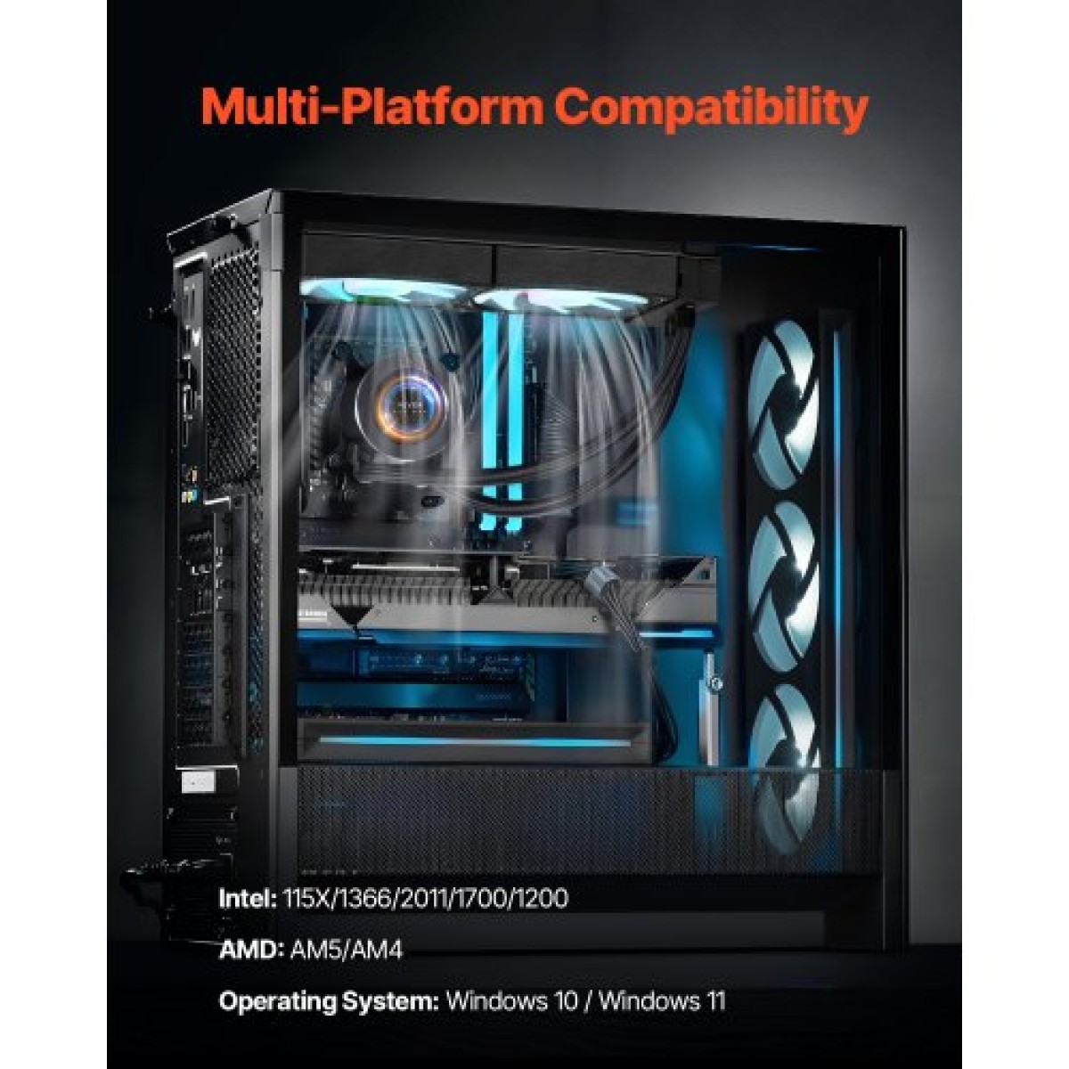 VEVOR CPU Liquid Cooler, AIO CPU Water Cooler - 3 x 120mm PWM Fans & Pump, Προσαρμόσιμο Μαύρο Υγρό Ψύκτη υπολογιστή με οθόνη LCD 2,1" & φως ARGB, για Intel 115X/1366/2011/1700/1200, AMD5 AM4/AM