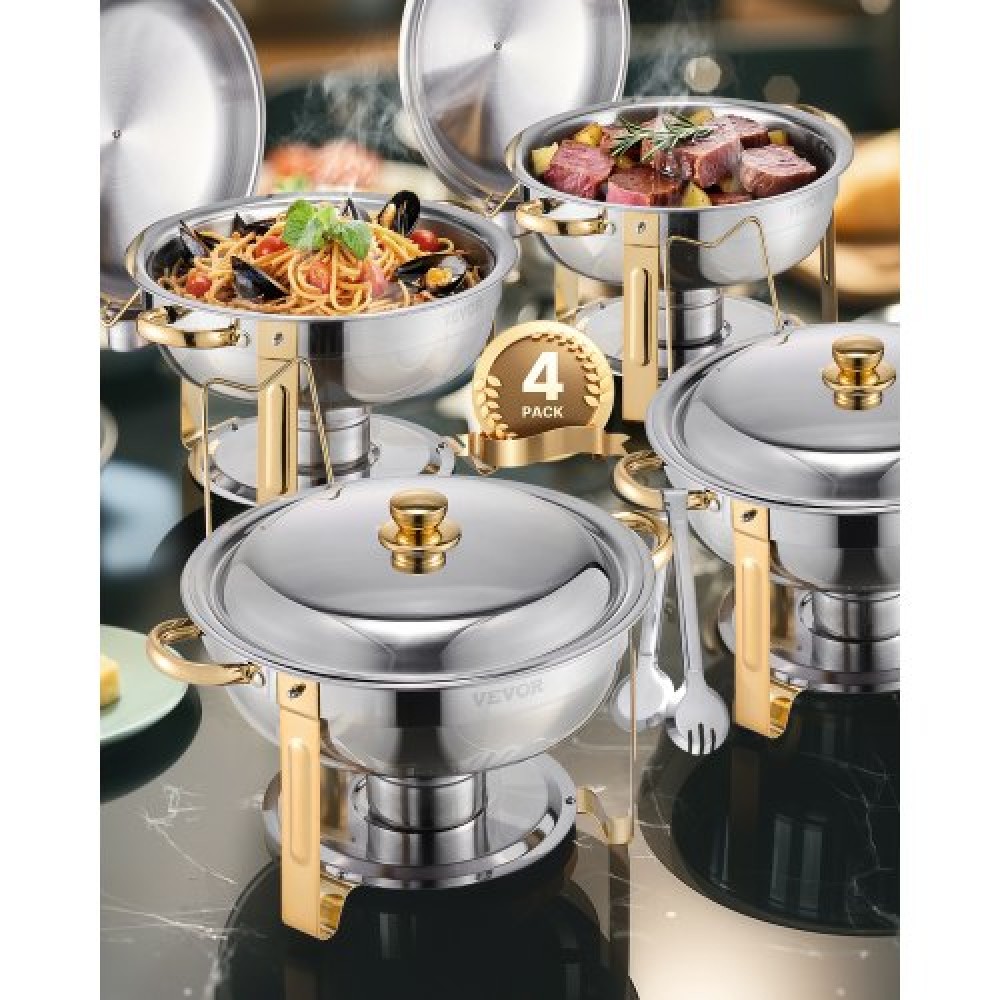 VEVOR Chafing Dish Dish Buffet Set, 5 Qt 4 Pack, Chafer από ανοξείδωτο ατσάλι με 4 τηγάνια πλήρους μεγέθους, στρογγυλός θερμός διακομιστής Catering με καπάκι Water Pan Πτυσσόμενο σταντ κλιπ, για πάρτι γάμου, δεξιώσεις, χρυσό
