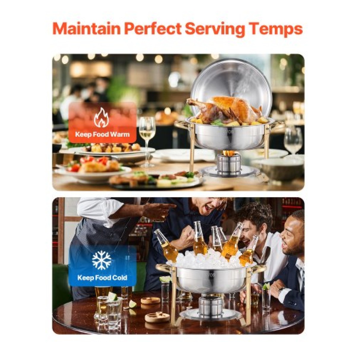 VEVOR Chafing Dish Dish Buffet Set, 5 Qt 4 Pack, Chafer από ανοξείδωτο ατσάλι με 4 τηγάνια πλήρους μεγέθους, στρογγυλός θερμός διακομιστής Catering με καπάκι Water Pan Πτυσσόμενο σταντ κλιπ, για πάρτι γάμου, δεξιώσεις, χρυσό