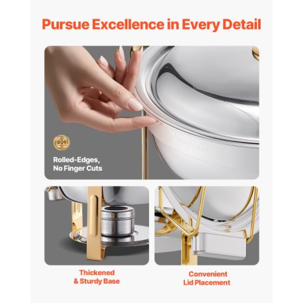 VEVOR Chafing Dish Dish Buffet Set, 5 Qt 4 Pack, Chafer από ανοξείδωτο ατσάλι με 4 τηγάνια πλήρους μεγέθους, στρογγυλός θερμός διακομιστής Catering με καπάκι Water Pan Πτυσσόμενο σταντ κλιπ, για πάρτι γάμου, δεξιώσεις, χρυσό