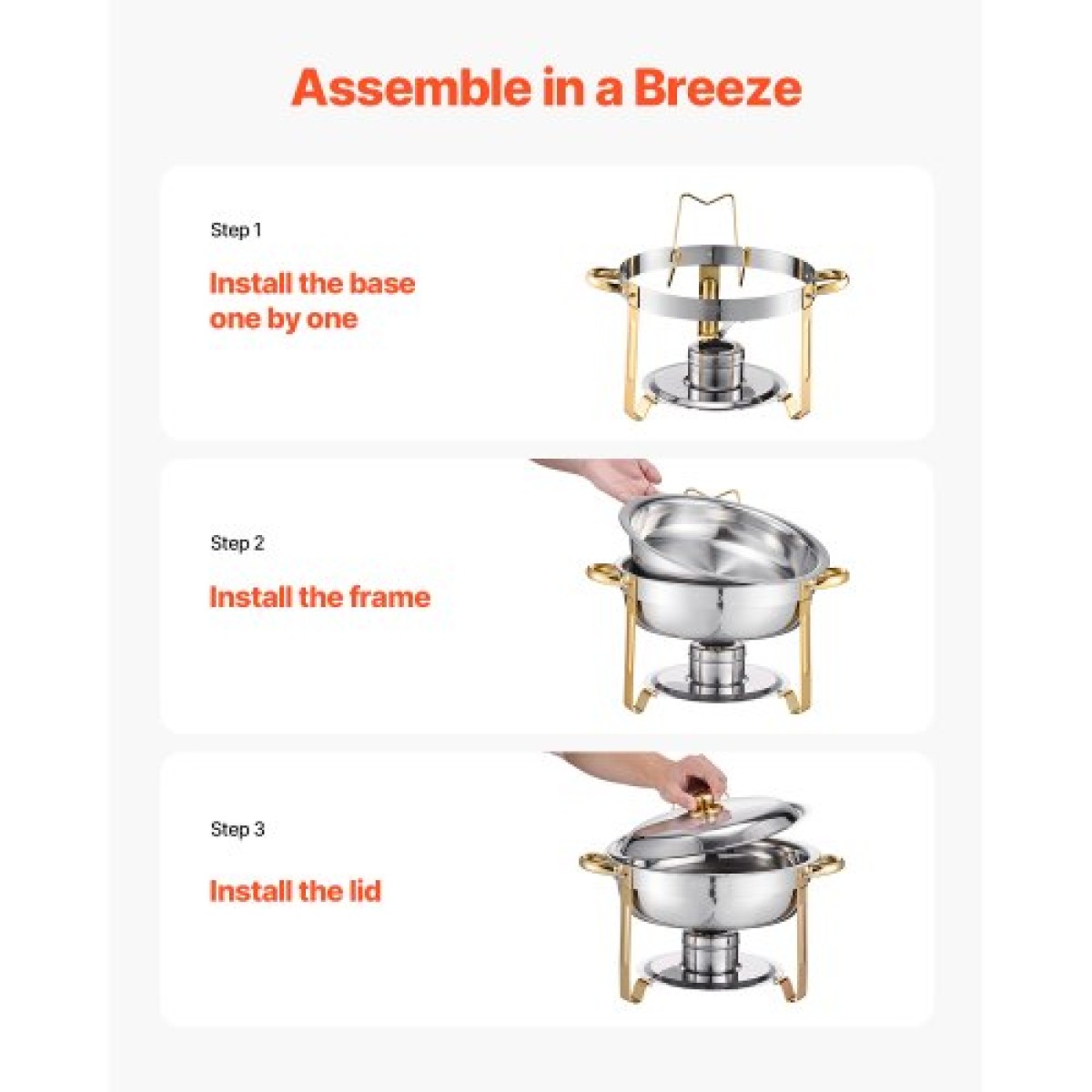 VEVOR Chafing Dish Dish Buffet Set, 5 Qt 4 Pack, Chafer από ανοξείδωτο ατσάλι με 4 τηγάνια πλήρους μεγέθους, στρογγυλός θερμός διακομιστής Catering με καπάκι Water Pan Πτυσσόμενο σταντ κλιπ, για πάρτι γάμου, δεξιώσεις, χρυσό