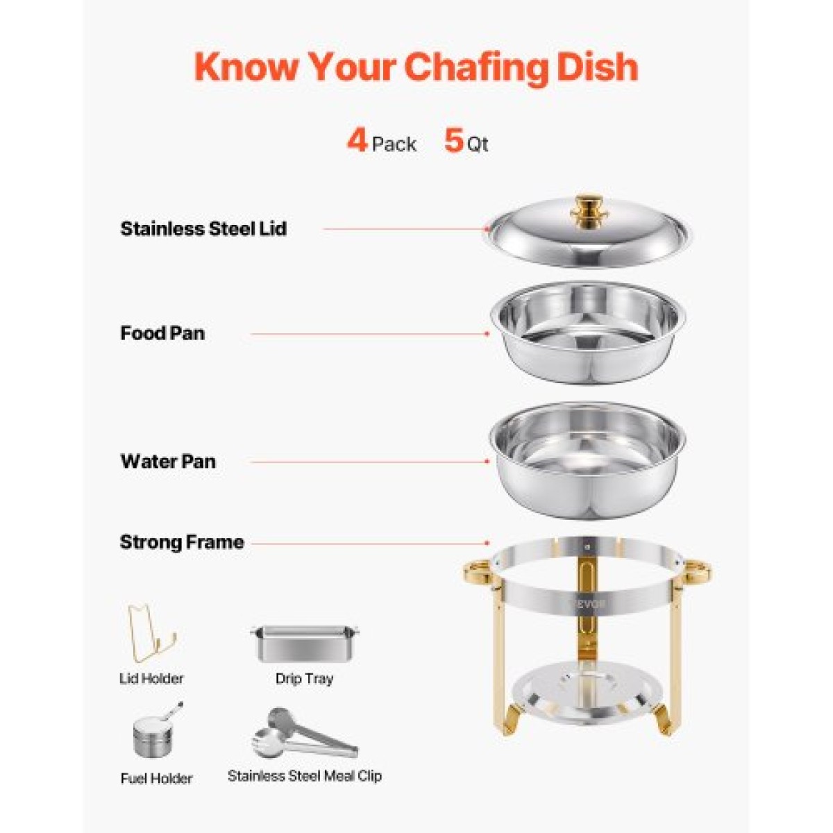 VEVOR Chafing Dish Dish Buffet Set, 5 Qt 4 Pack, Chafer από ανοξείδωτο ατσάλι με 4 τηγάνια πλήρους μεγέθους, στρογγυλός θερμός διακομιστής Catering με καπάκι Water Pan Πτυσσόμενο σταντ κλιπ, για πάρτι γάμου, δεξιώσεις, χρυσό
