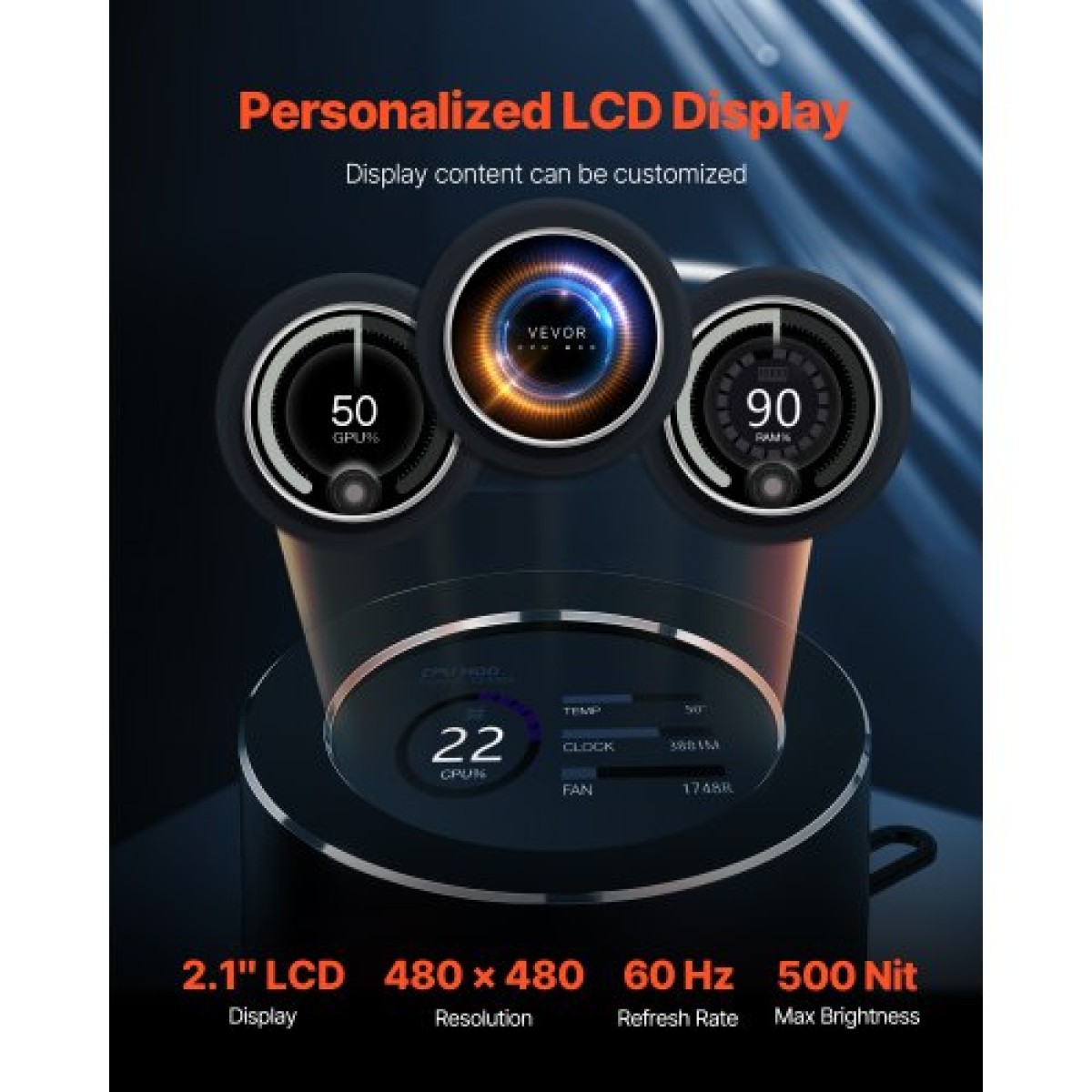 VEVOR CPU Liquid Cooler, AIO CPU Water Cooler - 3 x 120mm PWN Fans, Pump & 2,1" LCD Display, Max 2200PRM Black Cooling Fan, Συμβατό για Intel 115X/1366/2011/1700/1204AM, AMD5