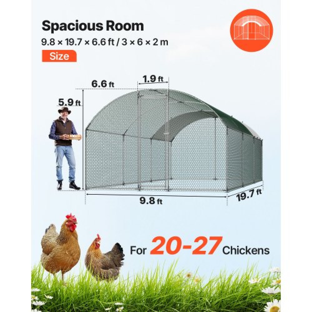 VEVOR Metal Chicken Coop, 9.8x19.3x6.5 ft Large Walk-in Chicken Runs with Cover, Doom Roof Hen House Enclosure with Security Lock, Outdoor Duck Rabbit Cage Poultry Pen for Backyard, Farm, Yard