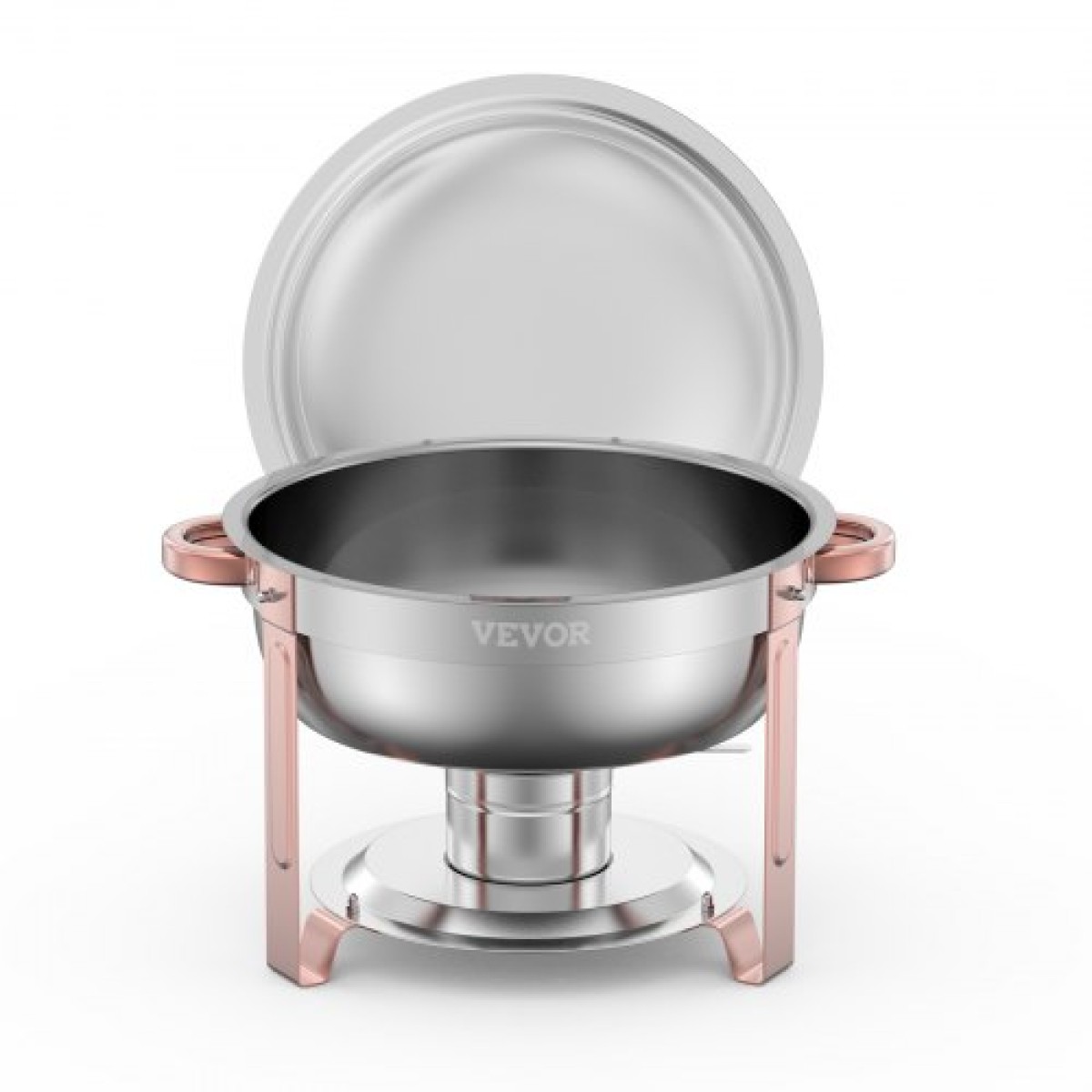 Σετ μπουφέ πιάτων VEVOR Chafing, 5 Qt 4 Pack, Chafer από ανοξείδωτο ατσάλι με 4 τηγάνια πλήρους μεγέθους, στρογγυλός θερμός διακομιστής κέτερινγκ με πτυσσόμενο σταντ σερβίτσιο με καπάκι, για δεξιώσεις γάμου, ροζ χρυσό