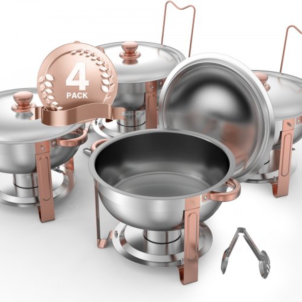 Σετ μπουφέ πιάτων VEVOR Chafing, 5 Qt 4 Pack, Chafer από ανοξείδωτο ατσάλι με 4 τηγάνια πλήρους μεγέθους, στρογγυλός θερμός διακομιστής κέτερινγκ με πτυσσόμενο σταντ σερβίτσιο με καπάκι, για δεξιώσεις γάμου, ροζ χρυσό
