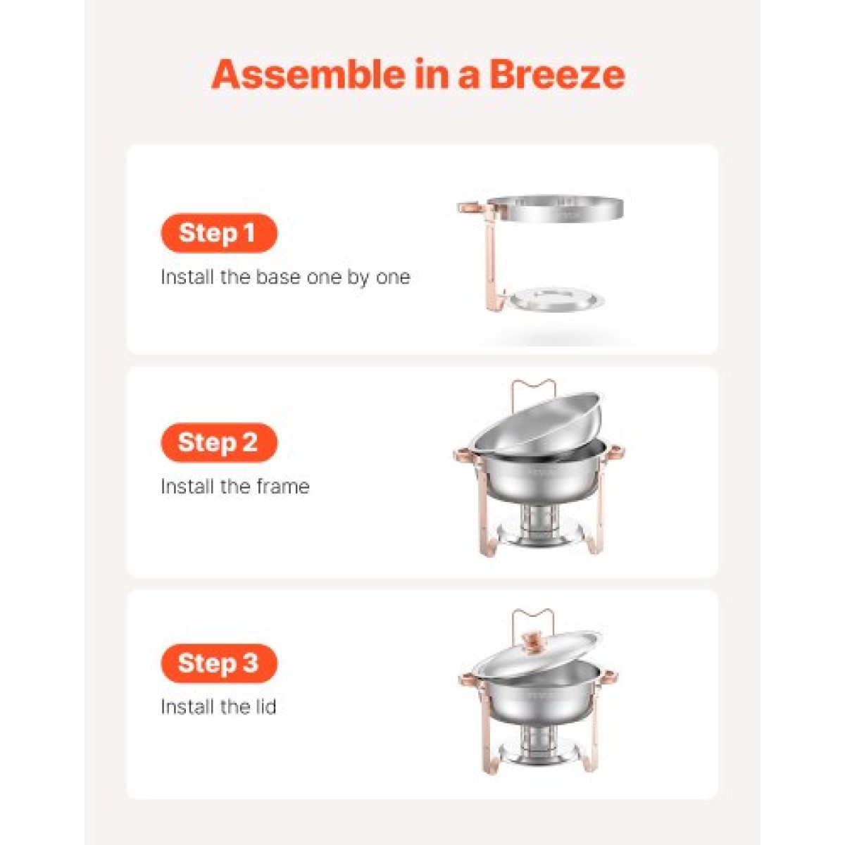 Σετ μπουφέ πιάτων VEVOR Chafing, 5 Qt 4 Pack, Chafer από ανοξείδωτο ατσάλι με 4 τηγάνια πλήρους μεγέθους, στρογγυλός θερμός διακομιστής κέτερινγκ με πτυσσόμενο σταντ σερβίτσιο με καπάκι, για δεξιώσεις γάμου, ροζ χρυσό
