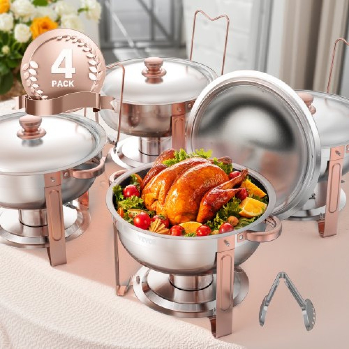Σετ μπουφέ πιάτων VEVOR Chafing, 5 Qt 4 Pack, Chafer από ανοξείδωτο ατσάλι με 4 τηγάνια πλήρους μεγέθους, στρογγυλός θερμός διακομιστής κέτερινγκ με πτυσσόμενο σταντ σερβίτσιο με καπάκι, για δεξιώσεις γάμου, ροζ χρυσό