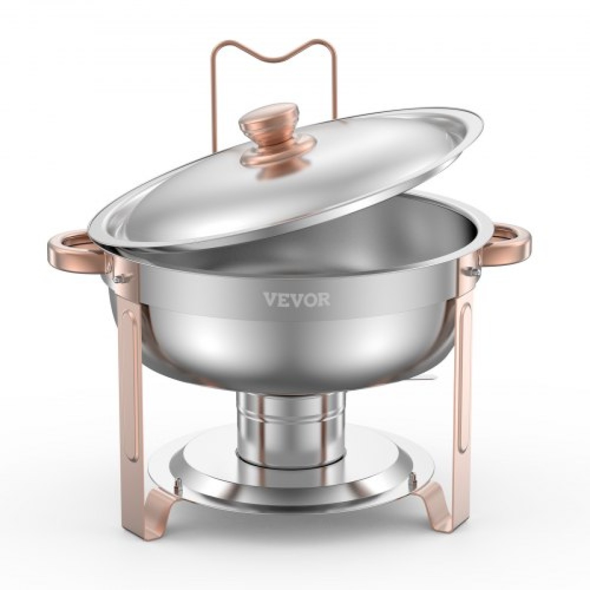 Σετ μπουφέ πιάτων VEVOR Chafing, 5 Qt 4 Pack, Chafer από ανοξείδωτο ατσάλι με 4 τηγάνια πλήρους μεγέθους, στρογγυλός θερμός διακομιστής κέτερινγκ με πτυσσόμενο σταντ σερβίτσιο με καπάκι, για δεξιώσεις γάμου, ροζ χρυσό