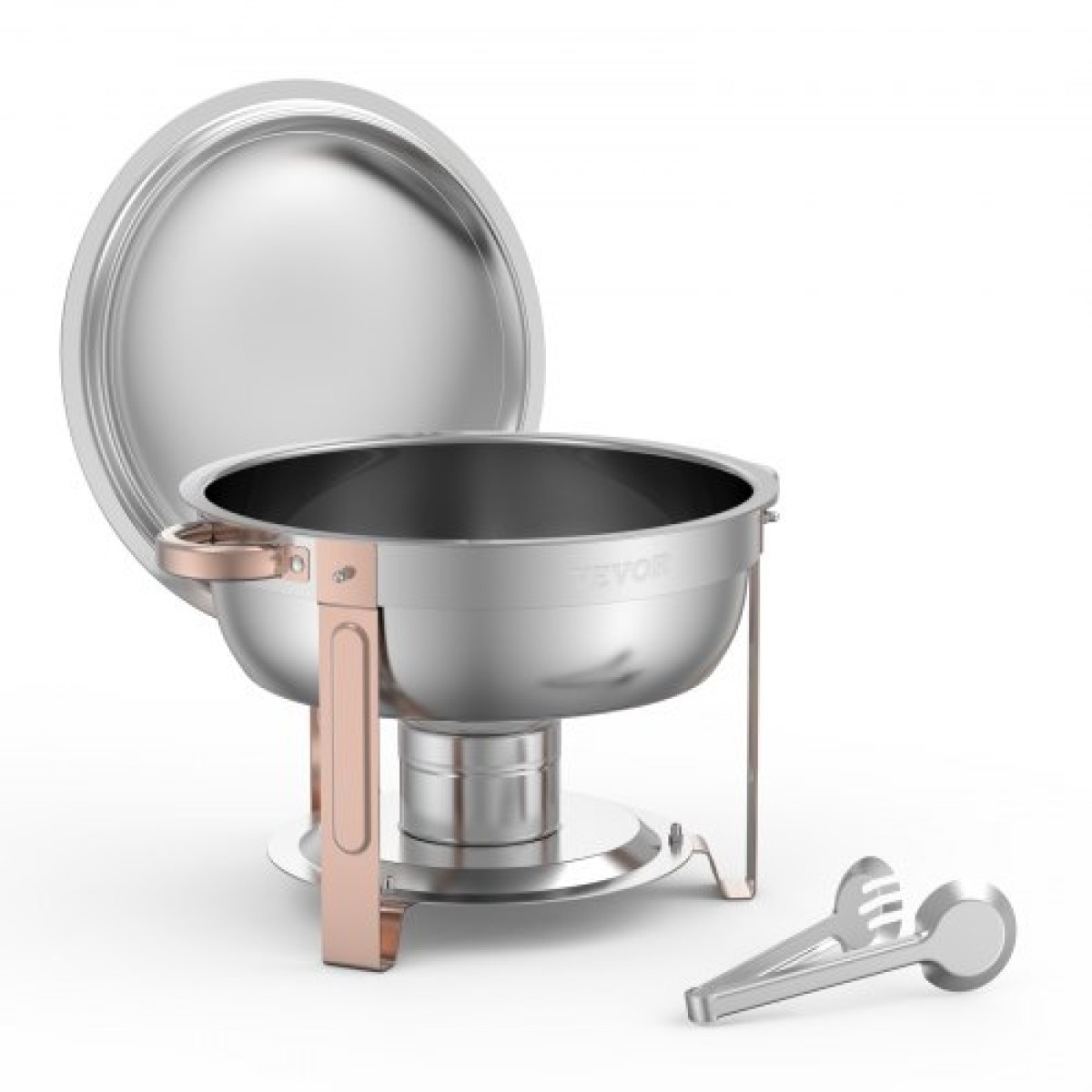 Σετ μπουφέ πιάτων VEVOR Chafing, 5 Qt 4 Pack, Chafer από ανοξείδωτο ατσάλι με 4 τηγάνια πλήρους μεγέθους, στρογγυλός θερμός διακομιστής κέτερινγκ με πτυσσόμενο σταντ σερβίτσιο με καπάκι, για δεξιώσεις γάμου, ροζ χρυσό