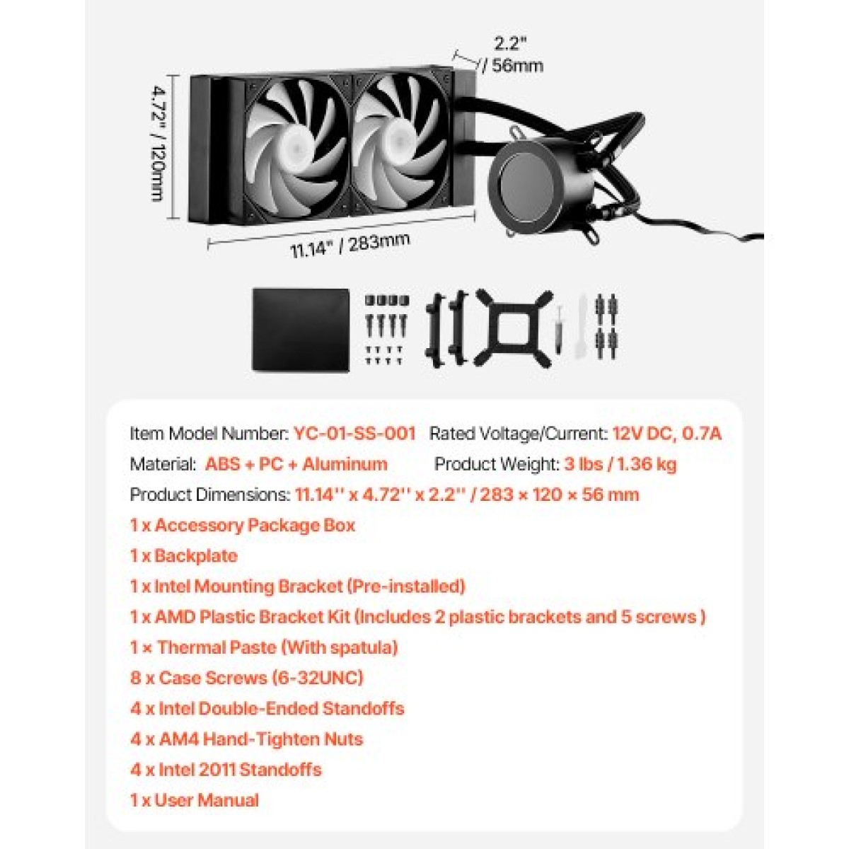 VEVOR CPU Liquid Cooler, AIO CPU Water Cooler - 120mm PWM Fans & Pump, Προσαρμόσιμο Μαύρο Υγρό Ψύκτη PC με οθόνη LCD 2,1" & φως ARGB, για Intel 115X/1366/2011/1700/1200, AMD AM4/AM5
