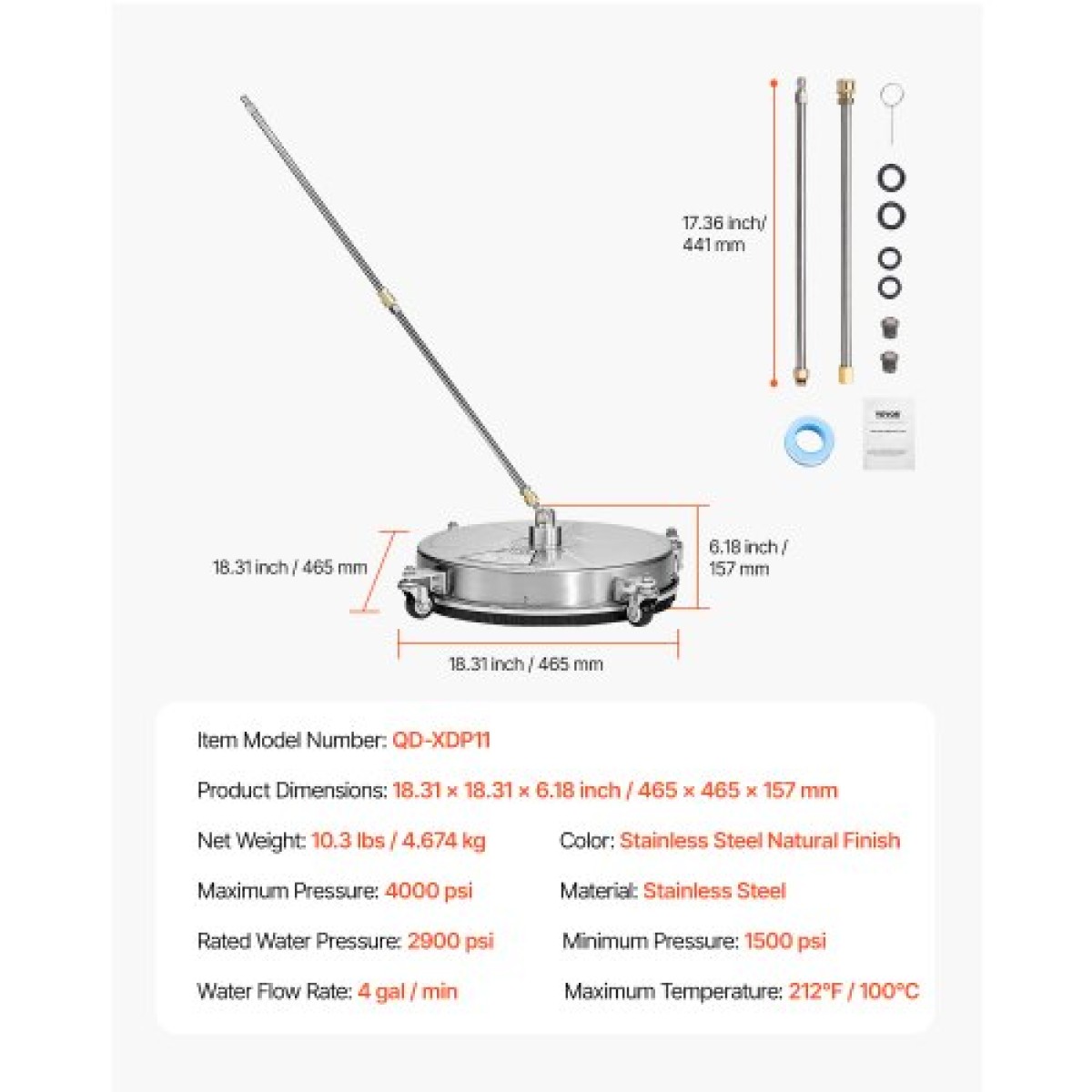 VEVOR 18" Καθαριστικό επιφάνειας πλύσης πίεσης, εξαρτήματα πλύσης πίεσης από ανοξείδωτο χάλυβα με 4 τροχούς, 4000 Max PSI, 1/4 Quick Connector, 2 ακροφύσια ψεκασμού, 2 εκτεταμένες ράβδους για σκυρόδεμα, βεράντα, κατάστρωμα