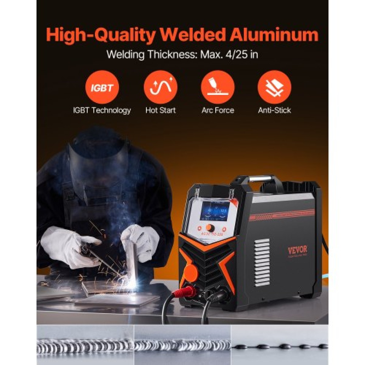 VEVOR TIG Welder, 225A 6-σε-1 Μηχανή συγκόλλησης αλουμινίου (μεγάλη οθόνη LED)- AC TIG/DC TIG/AC Pulse TIG/DC Pulse TIG/Spot TIG/MMA(Stick), Electric Welder with IGBT Inverter