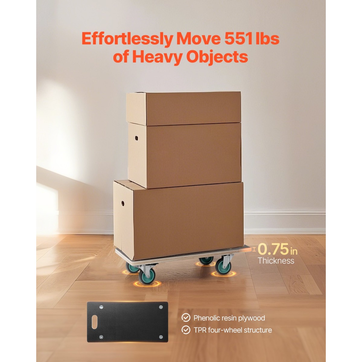 VEVOR Furniture Dolly, χωρητικότητα φόρτωσης 551 lbs, κουκλάκια κίνησης επίπλων με 4 αθόρυβους τροχούς TPR, ορθογώνια πολυλειτουργική επίπεδη κουκλίτσα για έπιπλα πιάνου Πλυντήριο ρούχων καναπέδων Ψυγείο, 2 συσκευασίες, Μαύρο