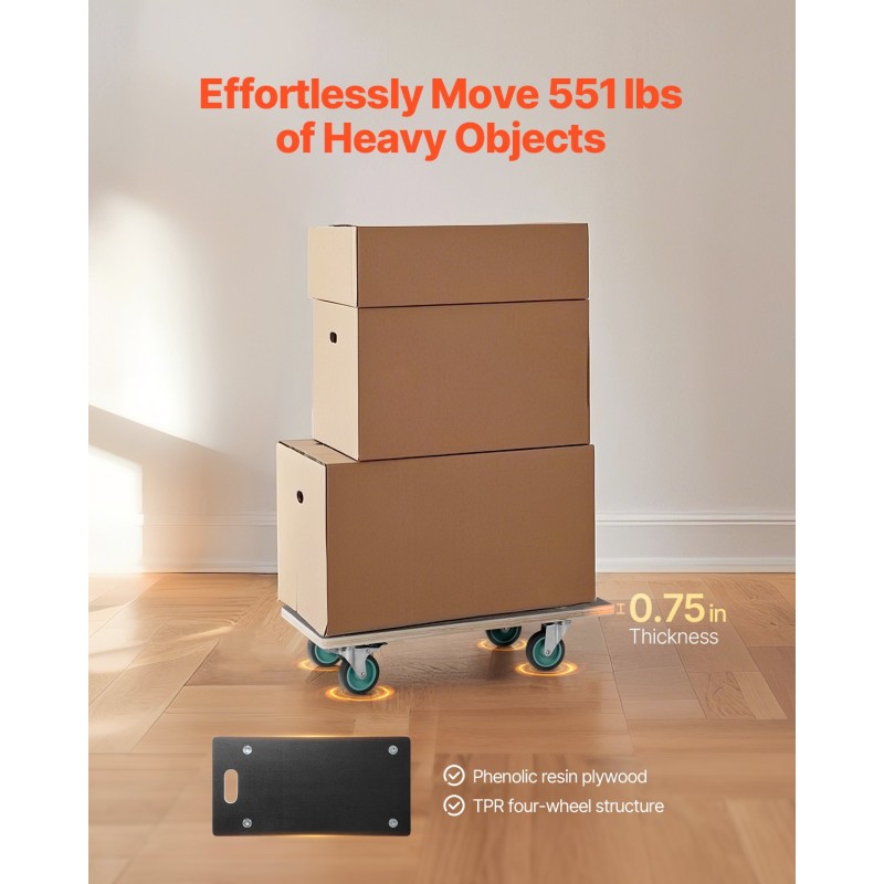 VEVOR Furniture Dolly, χωρητικότητα φόρτωσης 551 lbs, κουκλάκια κίνησης επίπλων με 4 αθόρυβους τροχούς TPR, ορθογώνια πολυλειτουργική επίπεδη κουκλίτσα για έπιπλα πιάνου Πλυντήριο ρούχων καναπέδων Ψυγείο, 2 συσκευασίες, Μαύρο