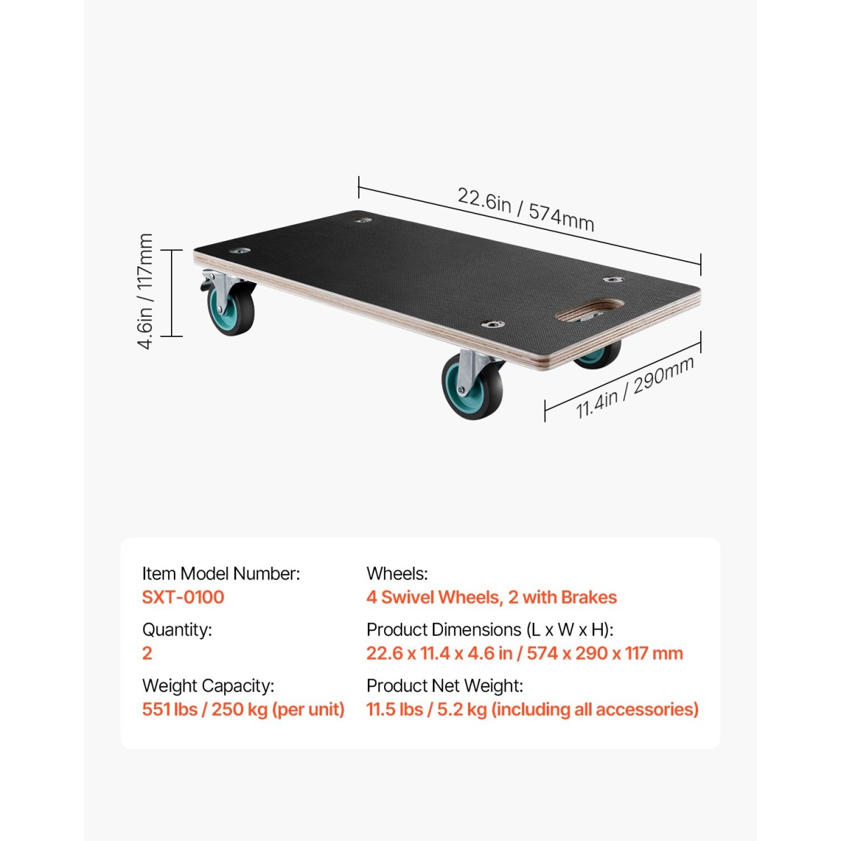 VEVOR Furniture Dolly, χωρητικότητα φόρτωσης 551 lbs, κουκλάκια κίνησης επίπλων με 4 αθόρυβους τροχούς TPR, ορθογώνια πολυλειτουργική επίπεδη κουκλίτσα για έπιπλα πιάνου Πλυντήριο ρούχων καναπέδων Ψυγείο, 2 συσκευασίες, Μαύρο