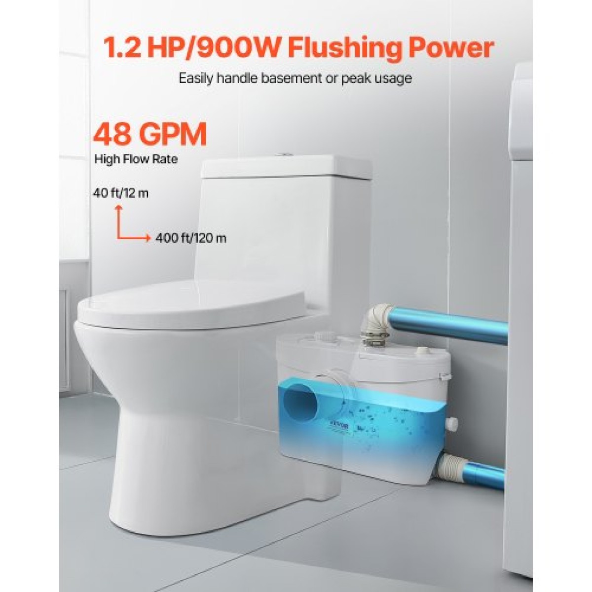 VEVOR Macerator Pump, 900W, 180 L/min (48 GPM) Flow, 40 ft/12 m Head, Macerator Sewerage Pump Toilet with 4 Waters Instructions, Way Uploading Machine for Toilet, Υπόγειο, Ντους, Νεροχύτη, Πλυντήριο ρούχων, Μπανιέρα