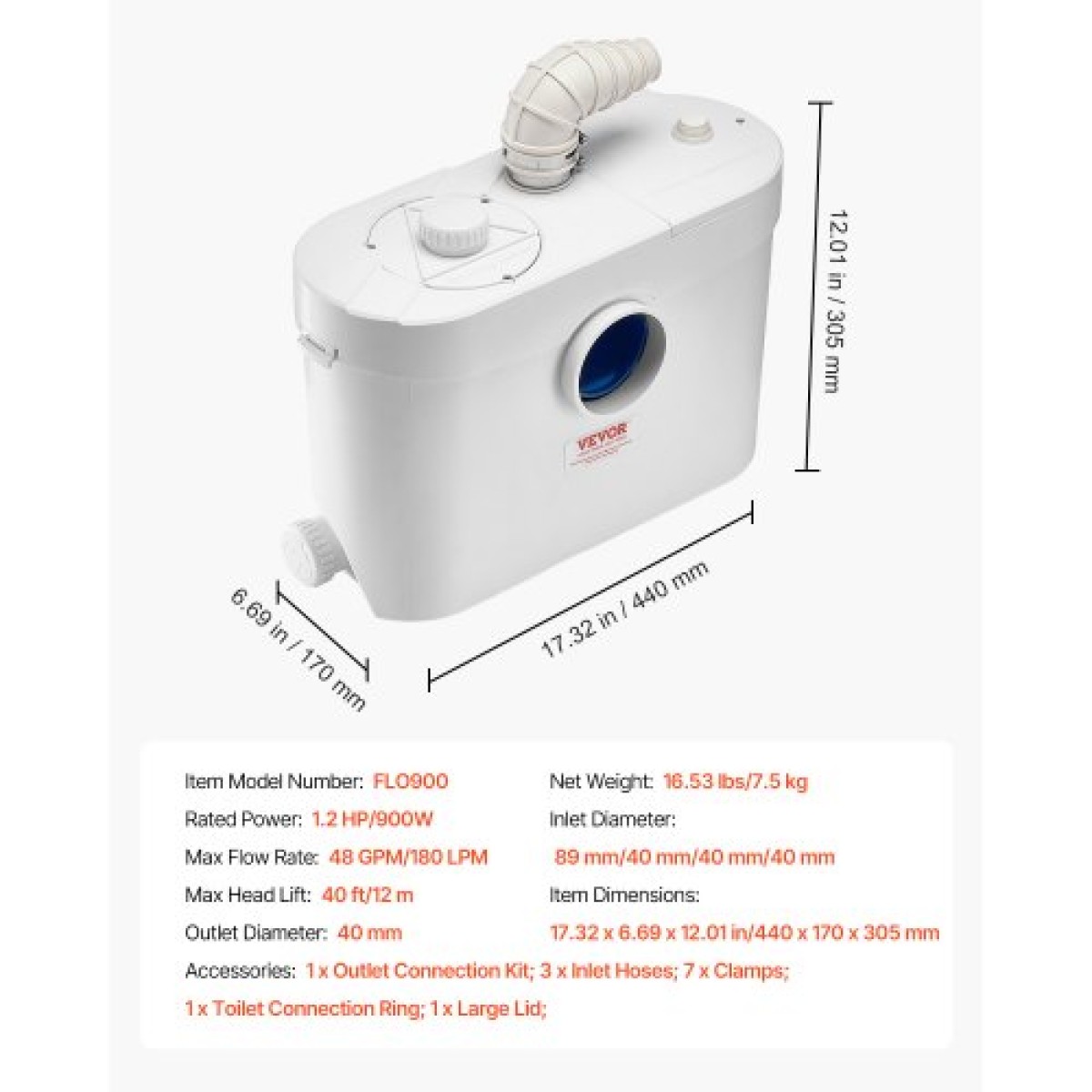 VEVOR Macerator Pump, 900W, 180 L/min (48 GPM) Flow, 40 ft/12 m Head, Macerator Sewerage Pump Toilet with 4 Waters Instructions, Way Uploading Machine for Toilet, Υπόγειο, Ντους, Νεροχύτη, Πλυντήριο ρούχων, Μπανιέρα