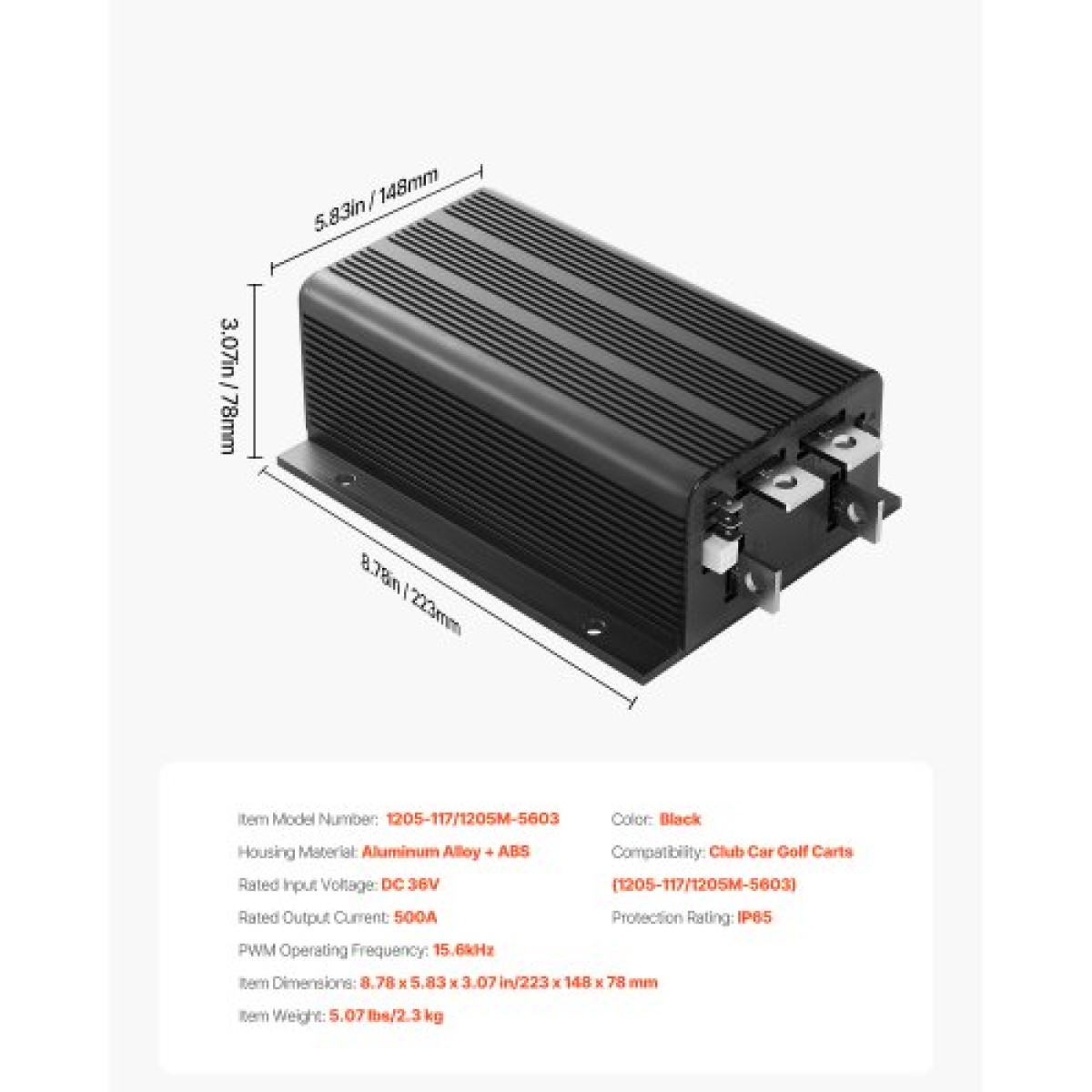 Ελεγκτής ταχύτητας καροτσιών γκολφ VEVOR, 36V & 500A, Αντικατάσταση ελεγκτή κινητήρα DC για καρότσια γκολφ Club Car, Προστασία με ονομαστική προστασία IP65, κράμα αλουμινίου & περίβλημα ABS, συμβατό με μοντέλα 1205-117/1205M-5603