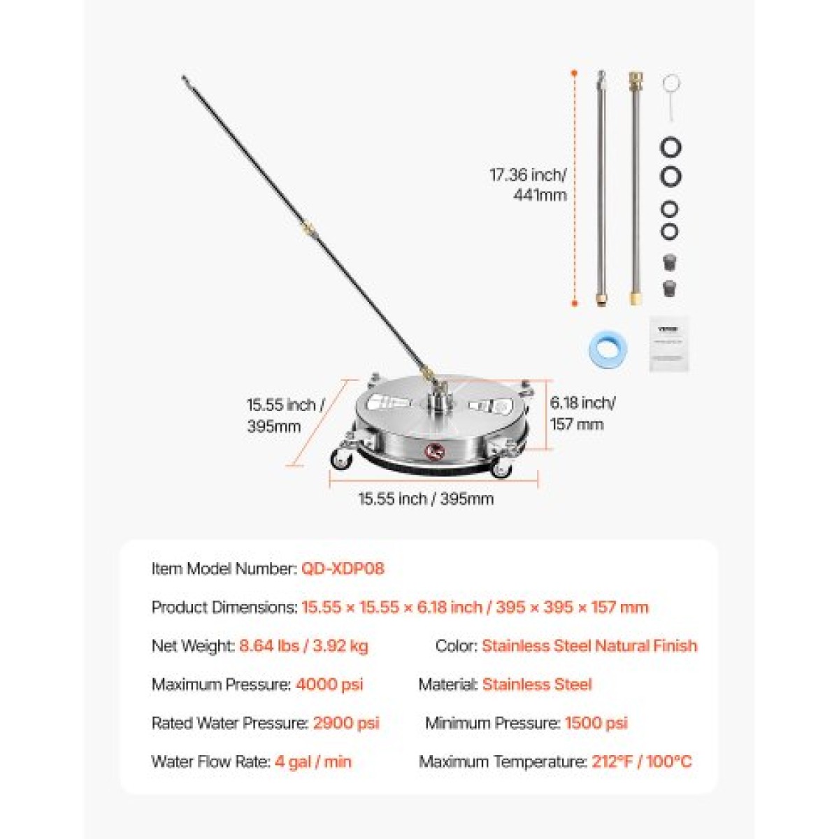 VEVOR 15" Καθαριστικό επιφάνειας πλύσης πίεσης, εξαρτήματα πλύσης πίεσης από ανοξείδωτο χάλυβα με 4 τροχούς, 4000 Max PSI, 1/4 Quick Connector, 2 ακροφύσια ψεκασμού, 2 εκτεταμένες ράβδους για σκυρόδεμα, βεράντα, κατάστρωμα