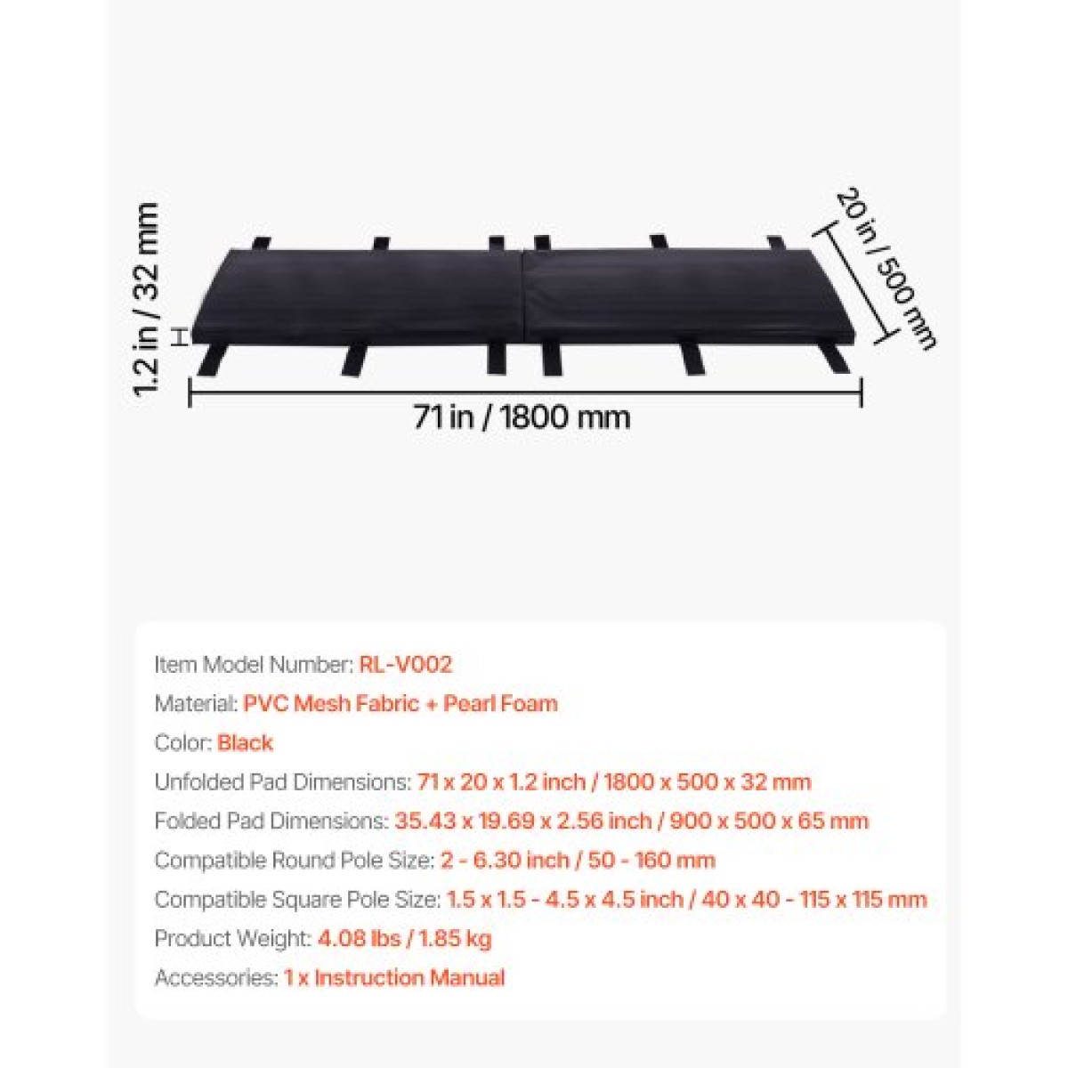 VEVOR Basketball Pole Pad, 71 ιντσών ψηλό και 1,2 ιντσών πάχους βαρέως τύπου περιτύλιγμα γύρω από κοντάρι, ταιριάζει 2-6,3 στρογγυλό & 4,5 x 4,5 ίντσες τετράγωνο κοντάρι, παντός καιρού αδιάβροχο προστατευτικό μαξιλαράκι για υπόγειο γκαράζ