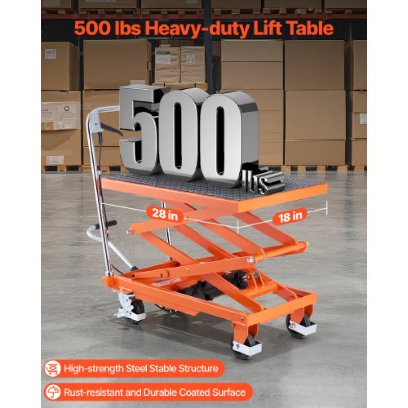 VEVOR Hydraulic Lift Τραπέζι, χωρητικότητα 500 lbs, Ύψος ανύψωσης 47,2", Επιτραπέζιο καρότσι ανύψωσης διπλού ψαλιδιού με 4 τροχούς και αντιολισθητικό μαξιλαράκι, χειροκίνητο υδραυλικό καρότσι ανύψωσης για χειρισμό και μεταφορά υλικού