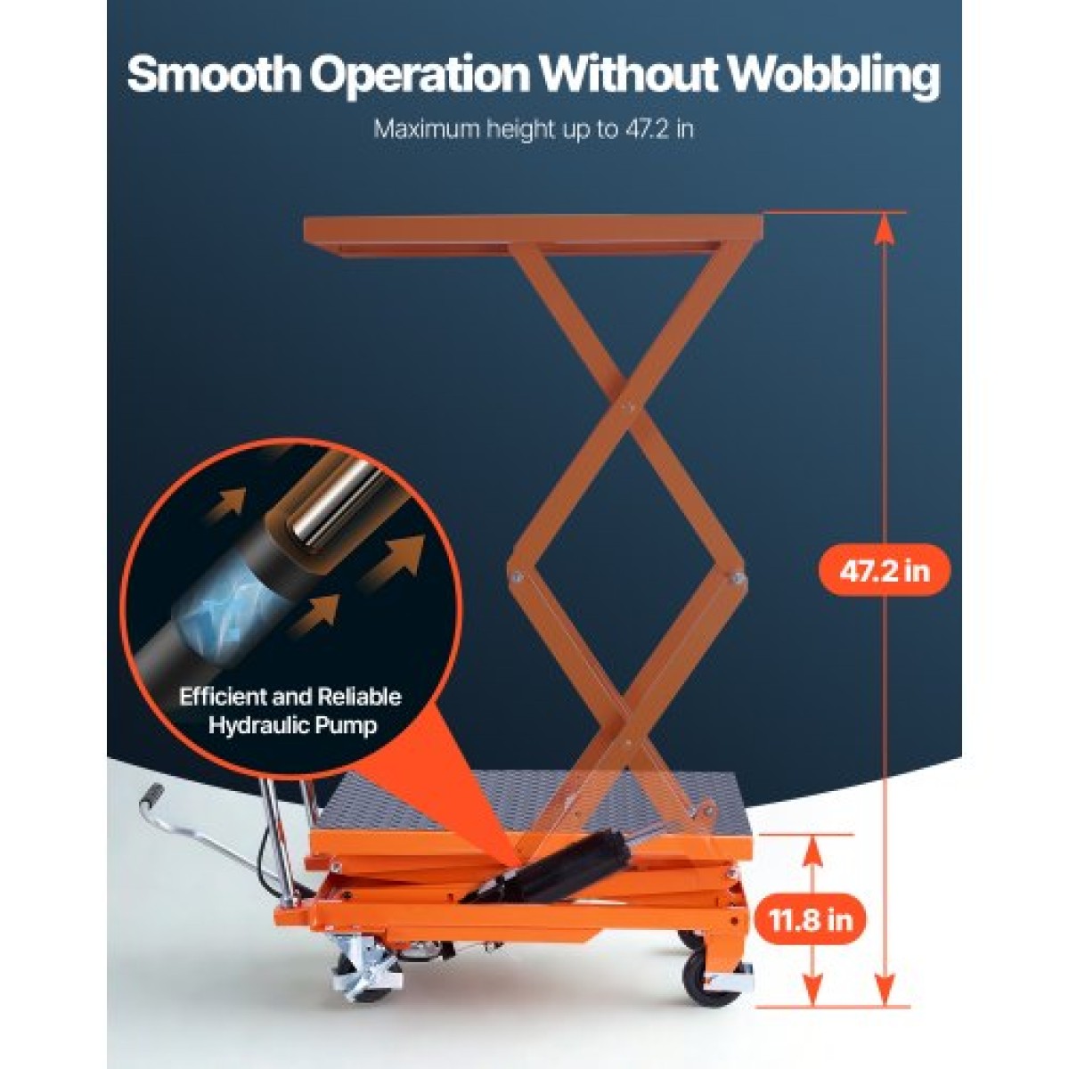 VEVOR Hydraulic Lift Τραπέζι, χωρητικότητα 500 lbs, Ύψος ανύψωσης 47,2", Επιτραπέζιο καρότσι ανύψωσης διπλού ψαλιδιού με 4 τροχούς και αντιολισθητικό μαξιλαράκι, χειροκίνητο υδραυλικό καρότσι ανύψωσης για χειρισμό και μεταφορά υλικού