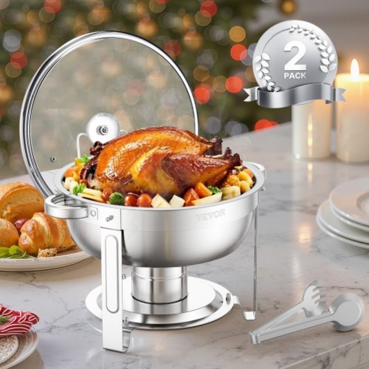 VEVOR Chafing Dish Dish Buffet Set, 5 Qt 2 Pack, Chafer από ανοξείδωτο χάλυβα με 2 τηγάνι πλήρους μεγέθους, στρογγυλός θερμός διακομιστής Catering με γυάλινο καπάκι Πτυσσόμενη βάση καυσίμου, για δεξίωση γάμου, ασημί