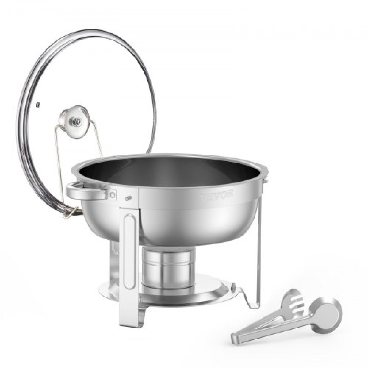 VEVOR Chafing Dish Dish Buffet Set, 5 Qt 2 Pack, Chafer από ανοξείδωτο χάλυβα με 2 τηγάνι πλήρους μεγέθους, στρογγυλός θερμός διακομιστής Catering με γυάλινο καπάκι Πτυσσόμενη βάση καυσίμου, για δεξίωση γάμου, ασημί
