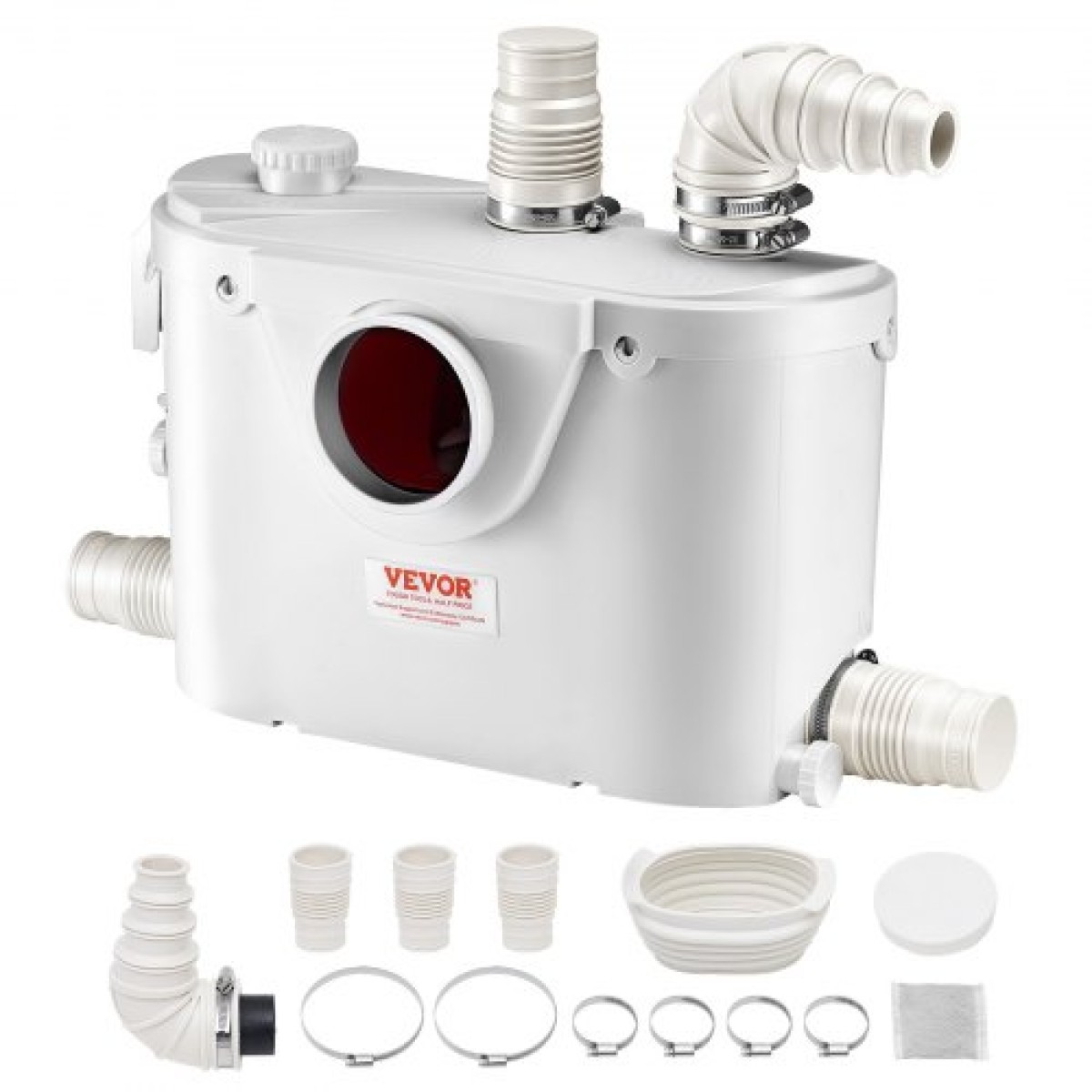 VEVOR Macerator Pump, 500W, 110 L/min (29 GPM) Flow, 26 ft/8 m Head, Macerator Sewerage Pump Toilet with 4 Waters Instruction, Way Uploading Machine for Toilet, Υπόγειο, Ντους, Νεροχύτη, Πλυντήριο ρούχων, Μπανιέρα