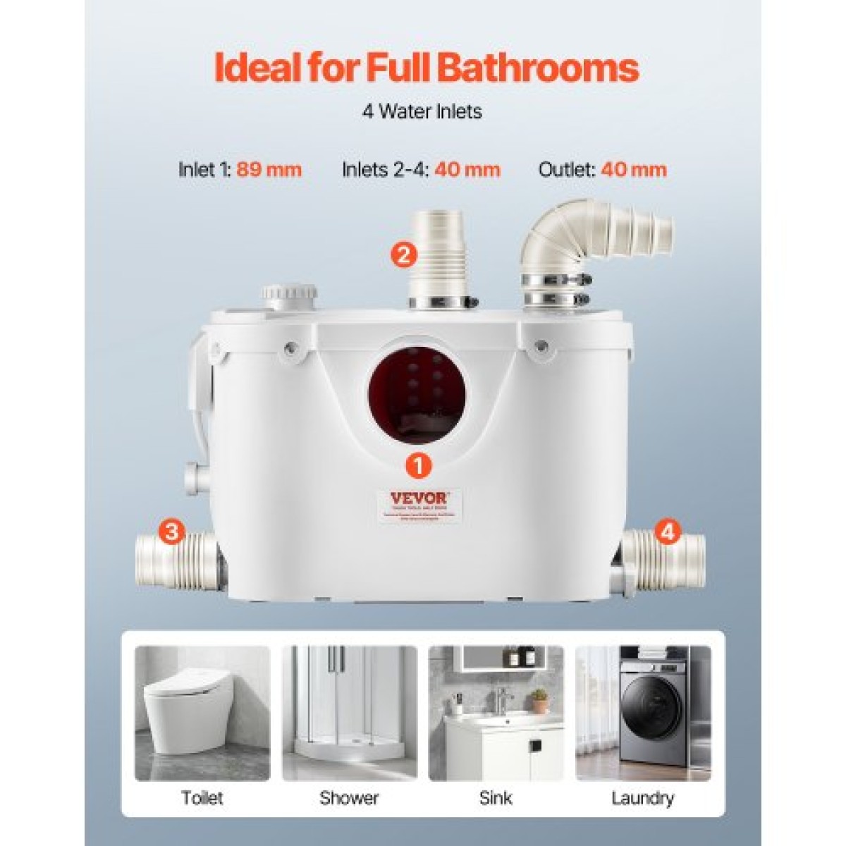 VEVOR Macerator Pump, 500W, 110 L/min (29 GPM) Flow, 26 ft/8 m Head, Macerator Sewerage Pump Toilet with 4 Waters Instruction, Way Uploading Machine for Toilet, Υπόγειο, Ντους, Νεροχύτη, Πλυντήριο ρούχων, Μπανιέρα