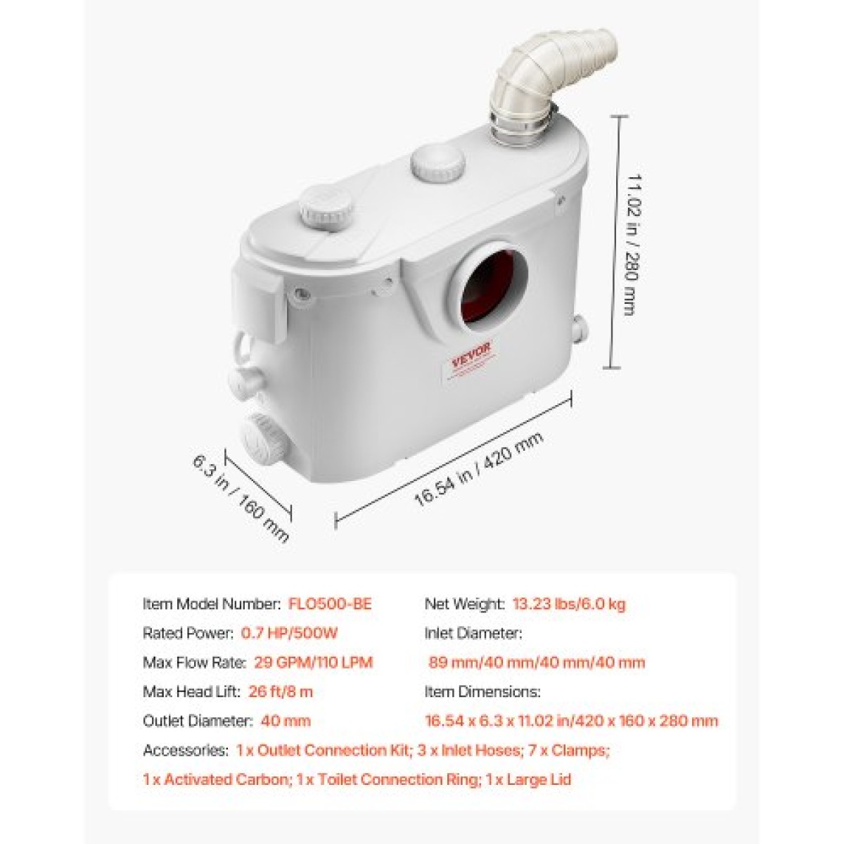 VEVOR Macerator Pump, 500W, 110 L/min (29 GPM) Flow, 26 ft/8 m Head, Macerator Sewerage Pump Toilet with 4 Waters Instruction, Way Uploading Machine for Toilet, Υπόγειο, Ντους, Νεροχύτη, Πλυντήριο ρούχων, Μπανιέρα