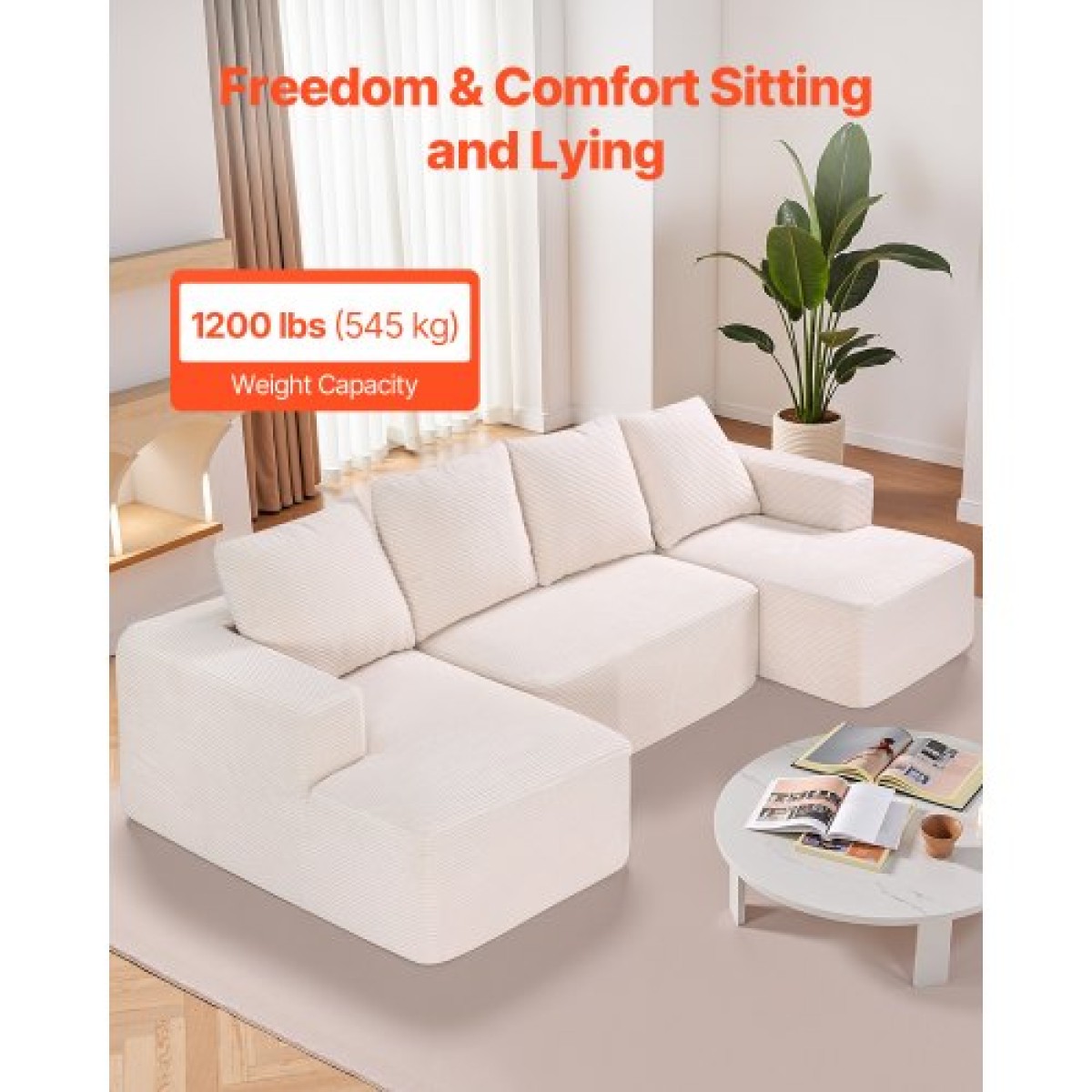 VEVOR Modular Sectional Καναπές, Σχήμα U Modular Καναπές με ξαπλώστρα, Cloud Sectional Καναπές με High Rebound Sponge and Density, Επενδυμένος κοτλέ καναπές με μαξιλάρι για το σαλόνι, Υπνοδωμάτιο, Μπεζ