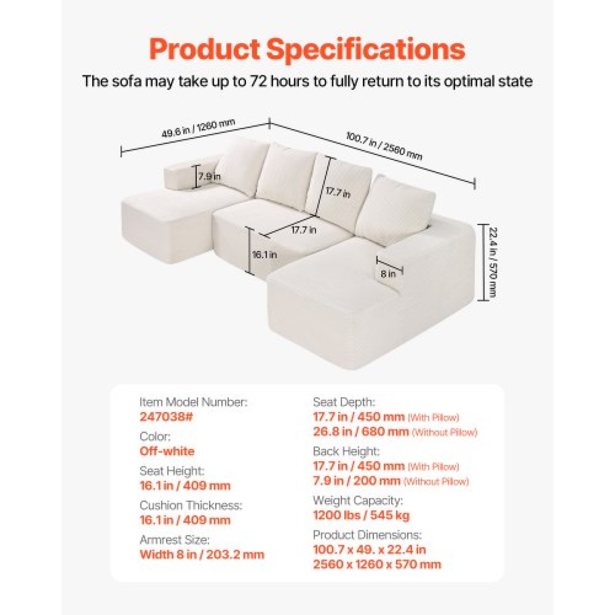 VEVOR Modular Sectional Καναπές, Σχήμα U Modular Καναπές με ξαπλώστρα, Cloud Sectional Καναπές με High Rebound Sponge and Density, Επενδυμένος κοτλέ καναπές με μαξιλάρι για το σαλόνι, Υπνοδωμάτιο, Μπεζ