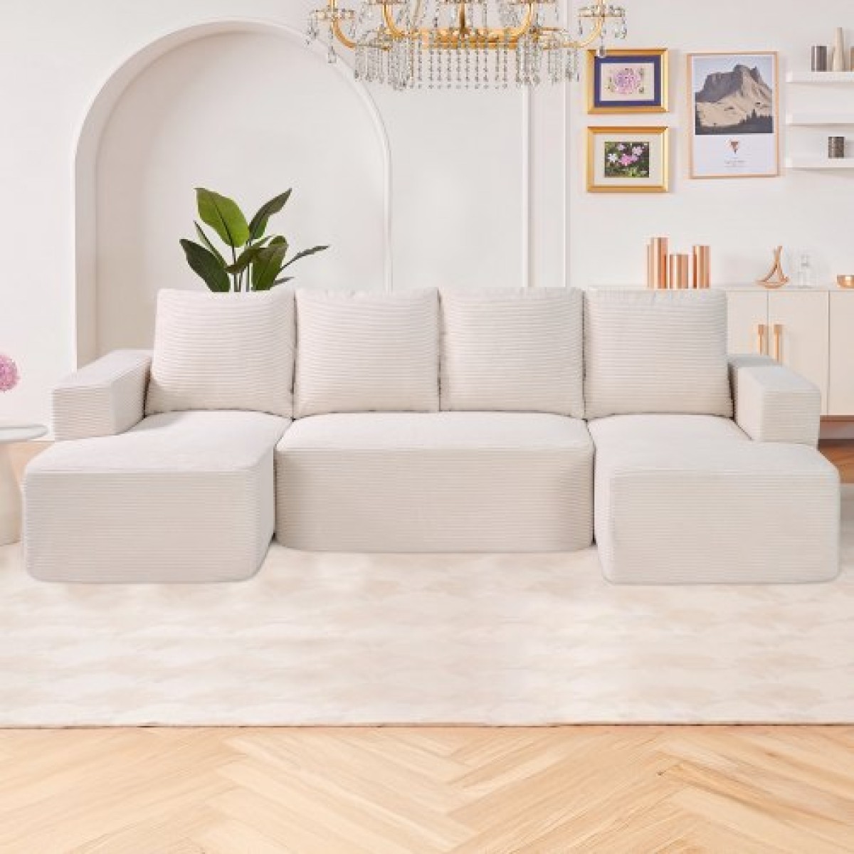 VEVOR Modular Sectional Καναπές, Σχήμα U Modular Καναπές με ξαπλώστρα, Cloud Sectional Καναπές με High Rebound Sponge and Density, Επενδυμένος κοτλέ καναπές με μαξιλάρι για το σαλόνι, Υπνοδωμάτιο, Μπεζ