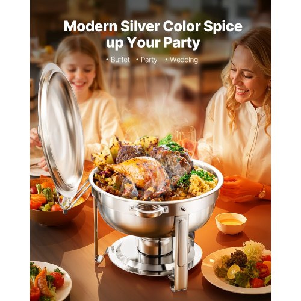 Σετ μπουφέ πιάτων VEVOR Chafing, 5 Qt 4 Pack, Chafer από ανοξείδωτο ατσάλι με 4 τηγάνια πλήρους μεγέθους, στρογγυλός θερμός διακομιστής κέτερινγκ με πτυσσόμενο κλιπ για ταψιά νερού με καπάκι, για δεξιώσεις γάμου, ασημί