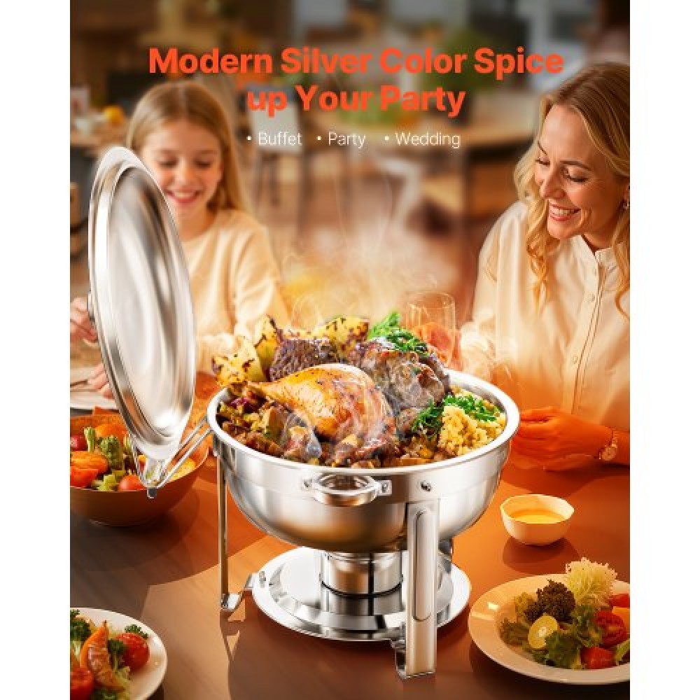 VEVOR Chafing Dish Dish Buffet Set, 5 Qt 2 Pack, Chafer από ανοξείδωτο ατσάλι με 2 τηγάνια πλήρους μεγέθους, στρογγυλός θερμός διακομιστής Catering με καπάκι Water Pan Πτυσσόμενο σταντ κλιπ, για δεξιώσεις γάμου, ασημί