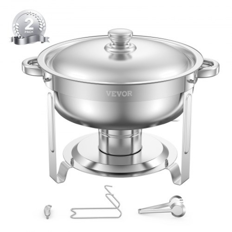 VEVOR Chafing Dish Dish Buffet Set, 5 Qt 2 Pack, Chafer από ανοξείδωτο ατσάλι με 2 τηγάνια πλήρους μεγέθους, στρογγυλός θερμός διακομιστής Catering με καπάκι Water Pan Πτυσσόμενο σταντ κλιπ, για δεξιώσεις γάμου, ασημί